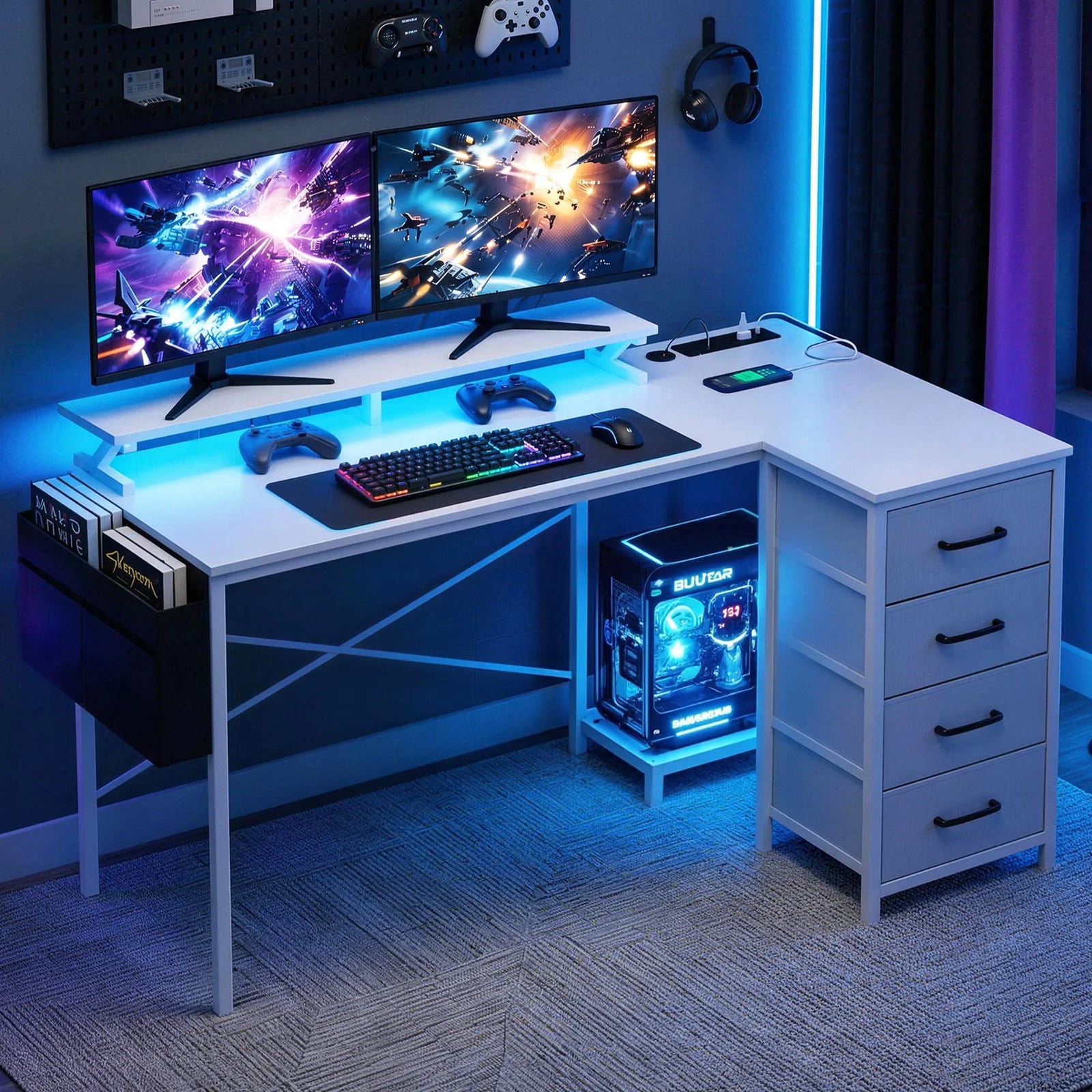 140cm Gaming Computer Desk with RGB LED, Power Station & Storage Drawers