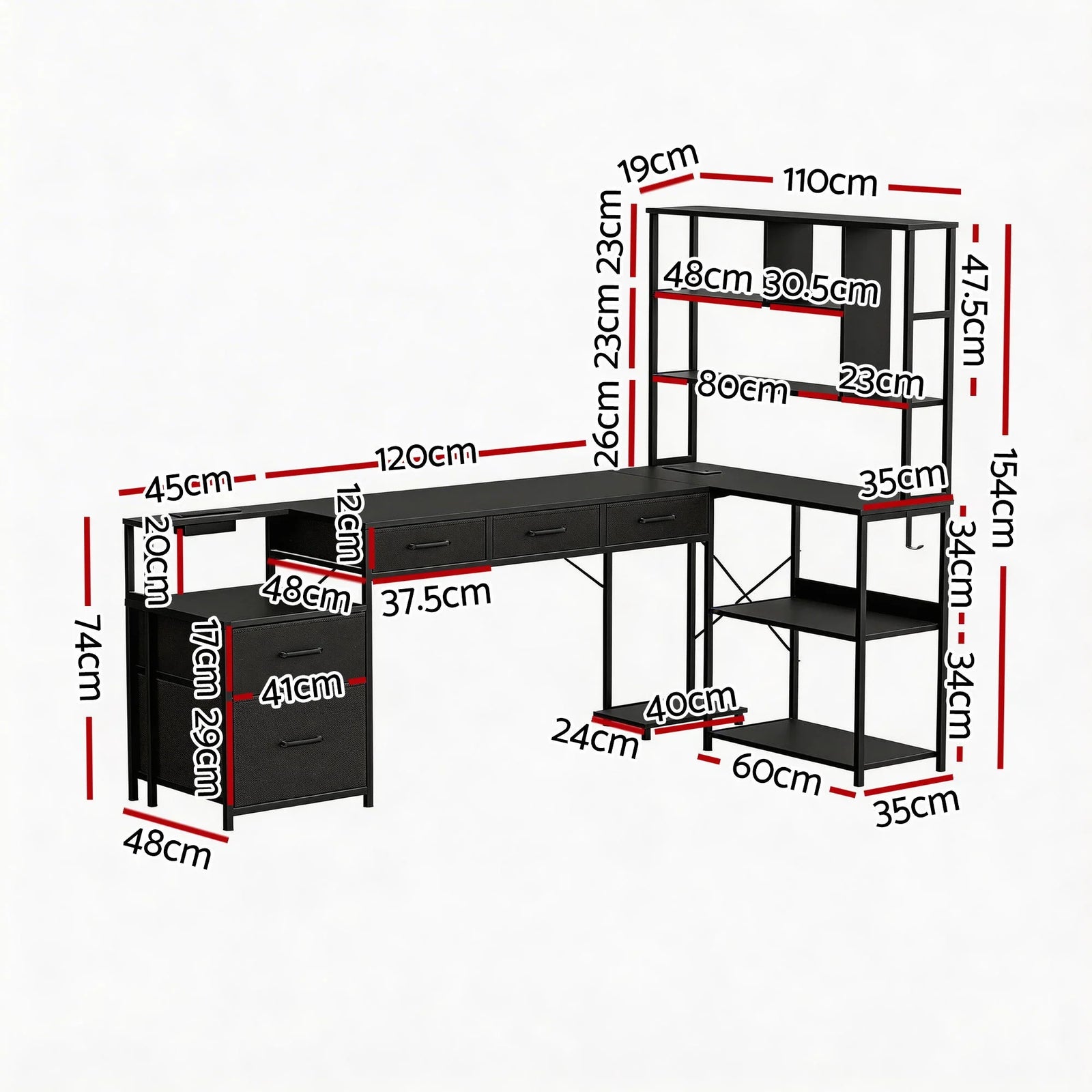 200cm Gaming Computer Desk with RGB LED, Power Station & Storage Drawers Black