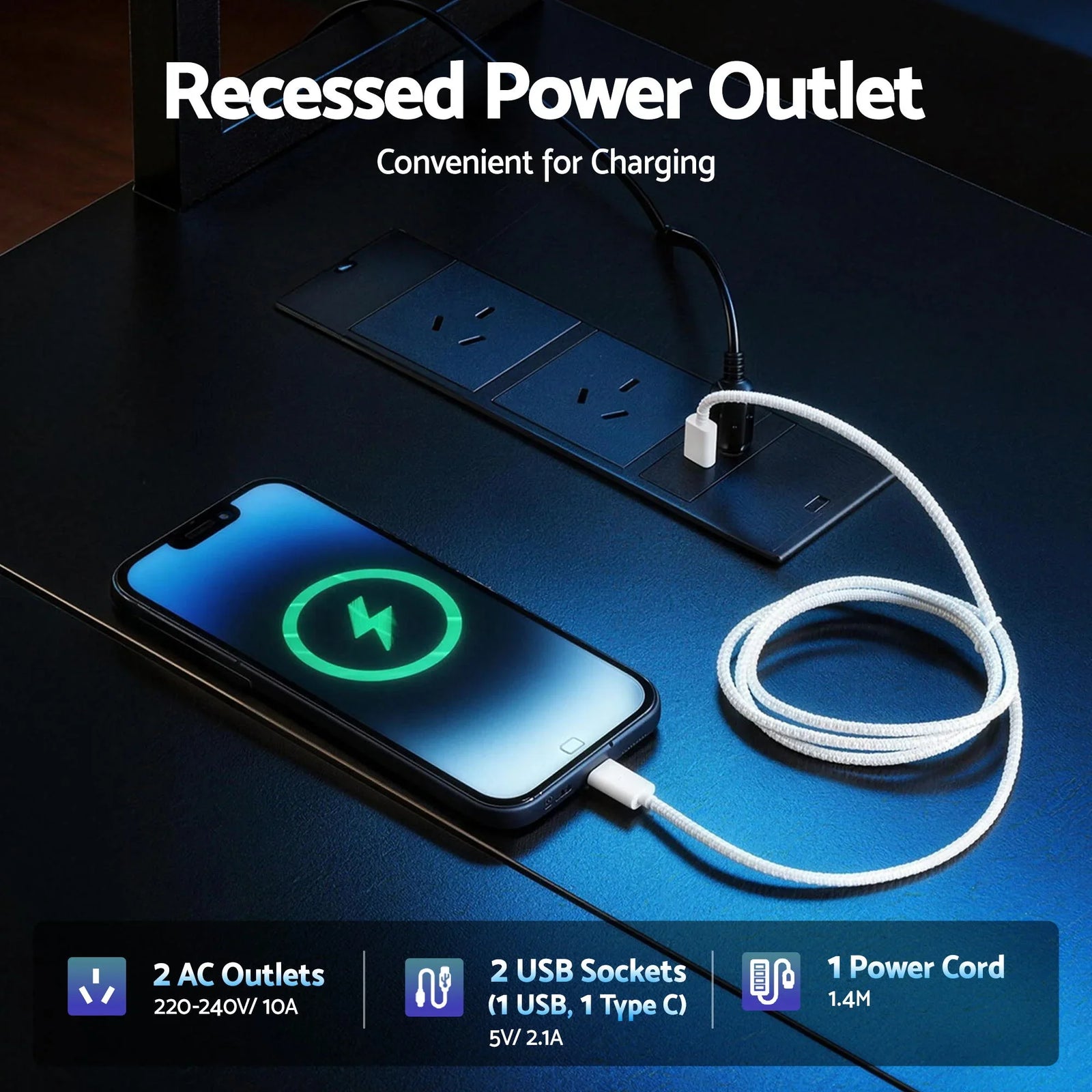 200cm Gaming Computer Desk with RGB LED, Power Station & Storage Drawers Black