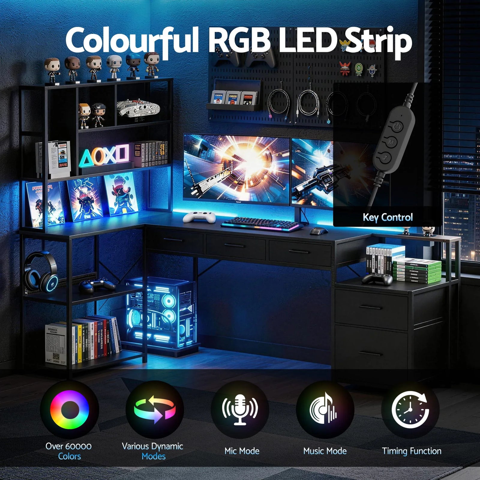 200cm Gaming Computer Desk with RGB LED, Power Station & Storage Drawers Black
