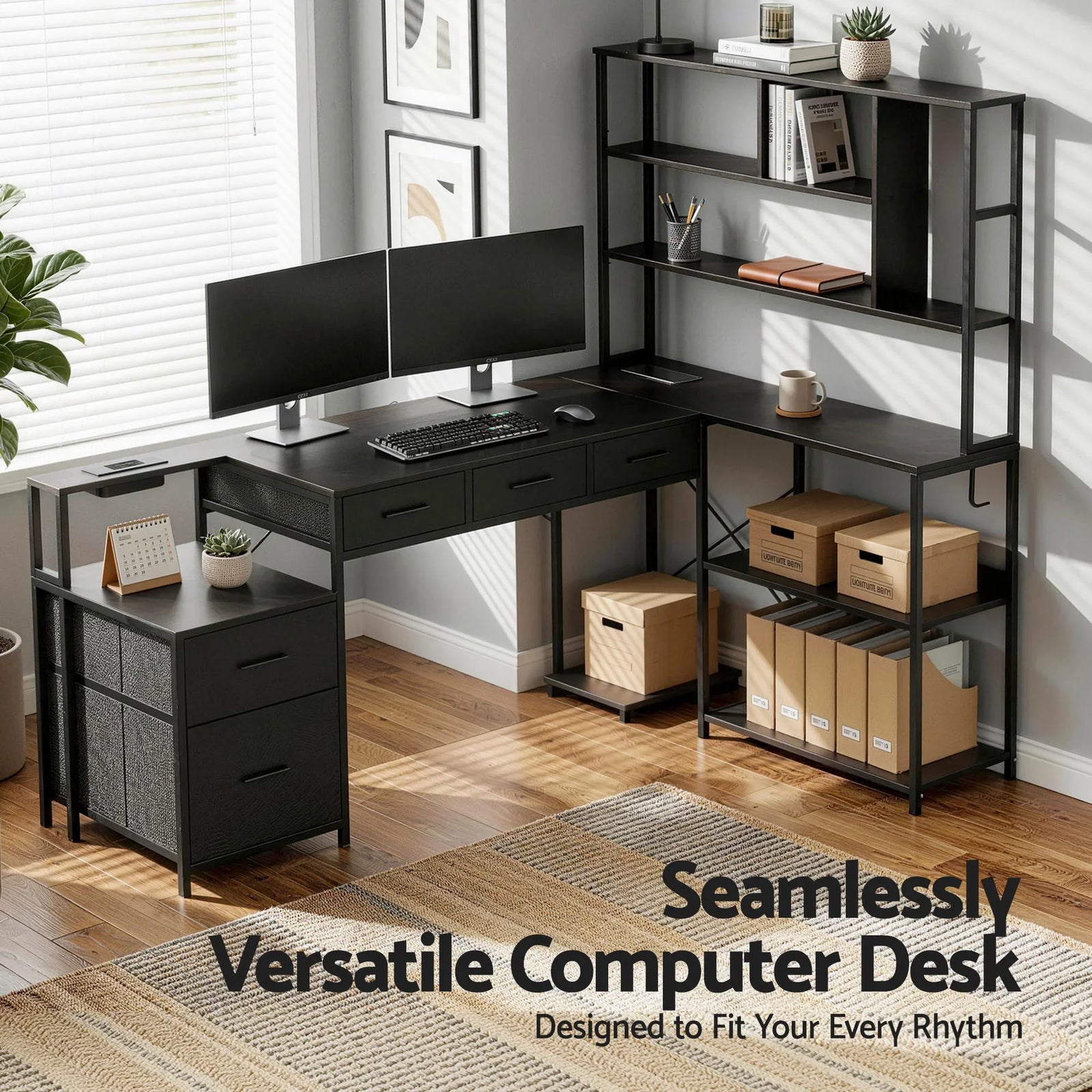 200cm Gaming Computer Desk with RGB LED, Power Station & Storage Drawers Black