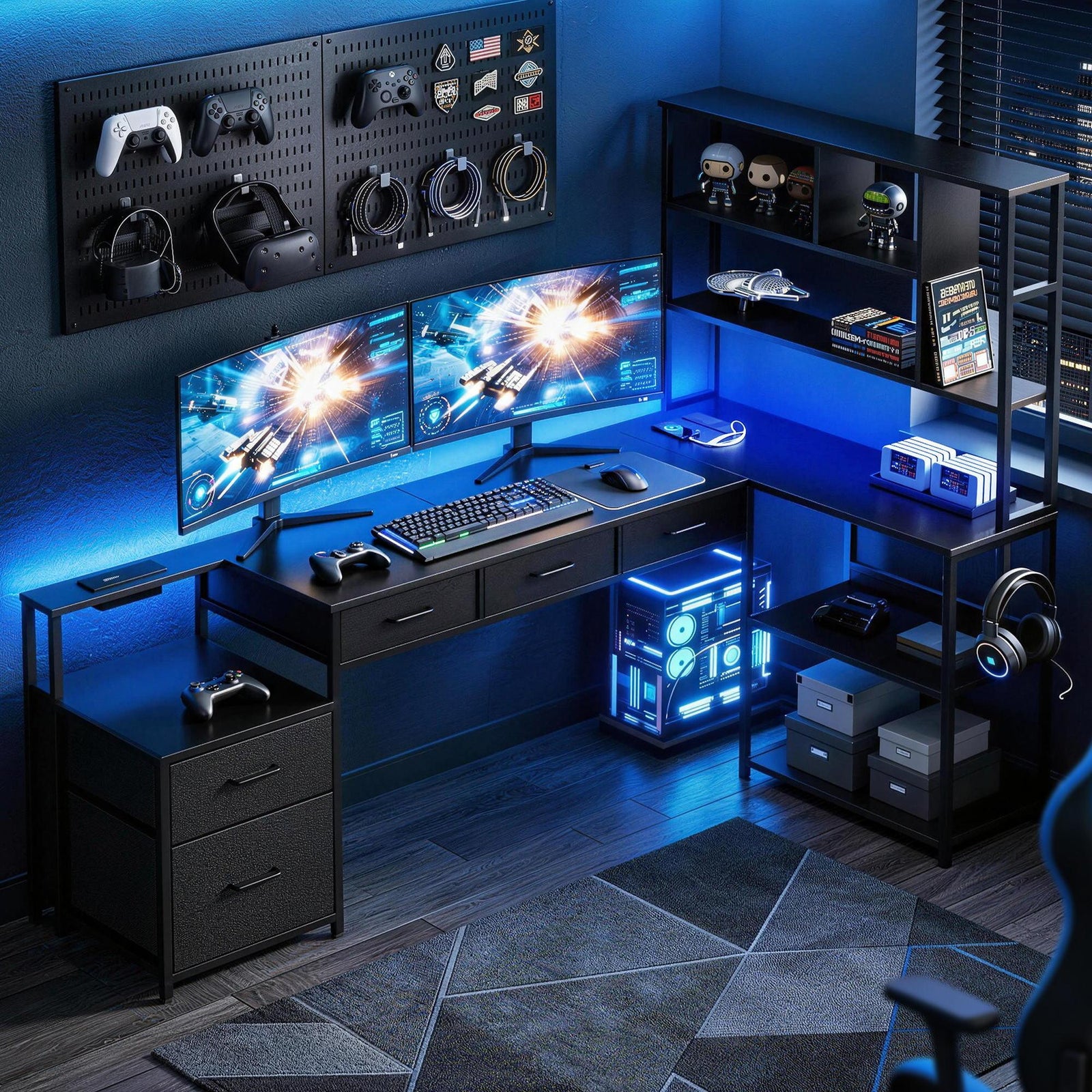 200cm Gaming Computer Desk with RGB LED, Power Station & Storage Drawers Black