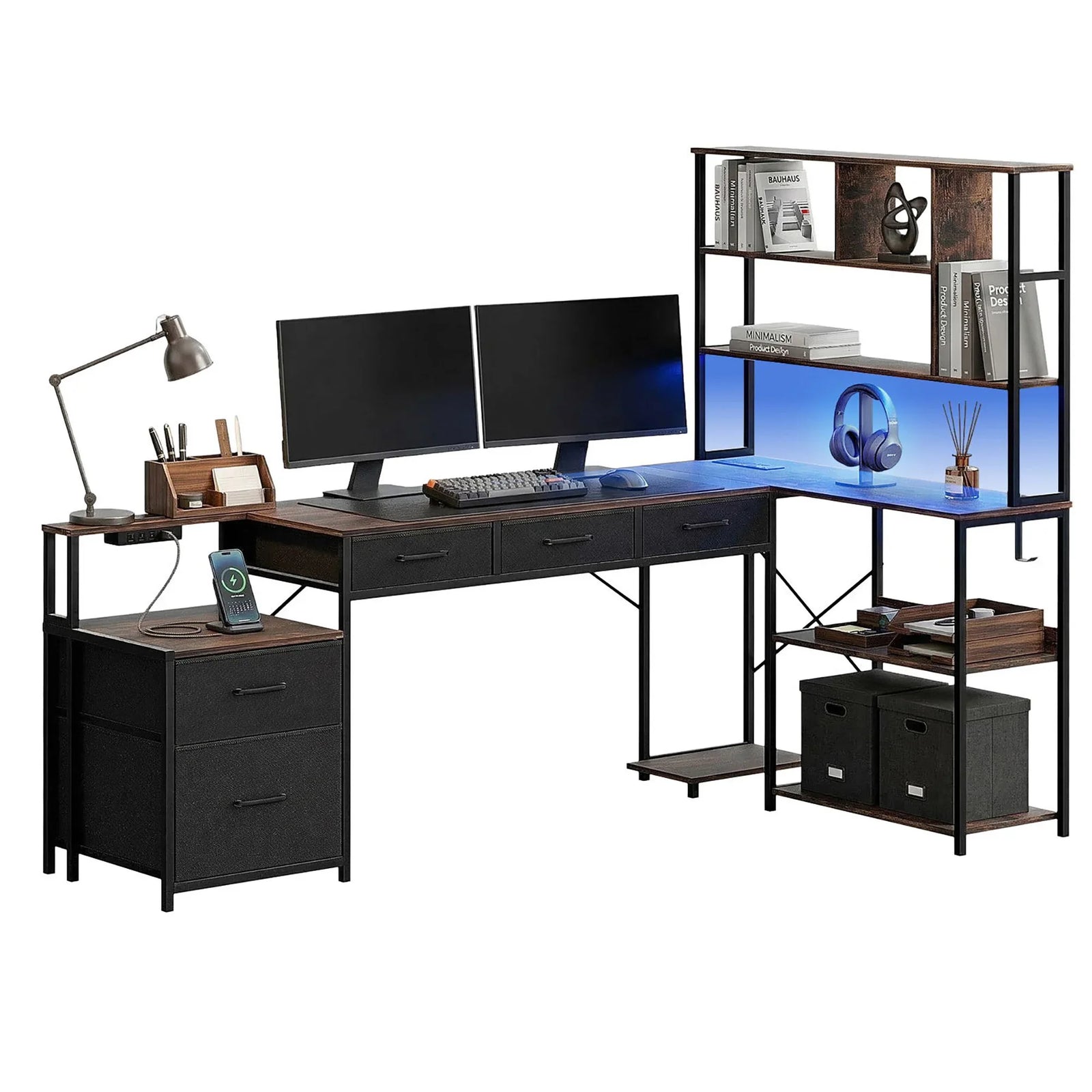 200cm Gaming Computer Desk with RGB LED, Power Station & Storage Drawers Brown