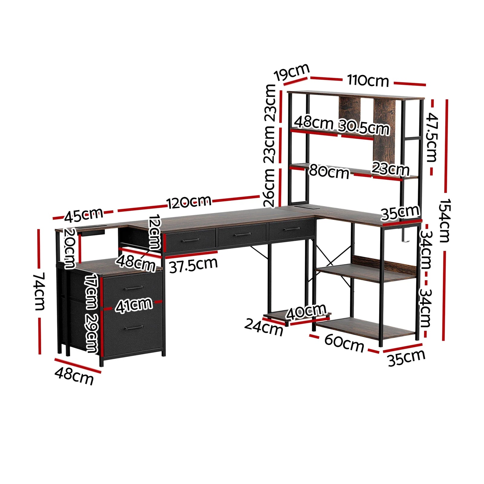 200cm Gaming Computer Desk with RGB LED, Power Station & Storage Drawers Brown