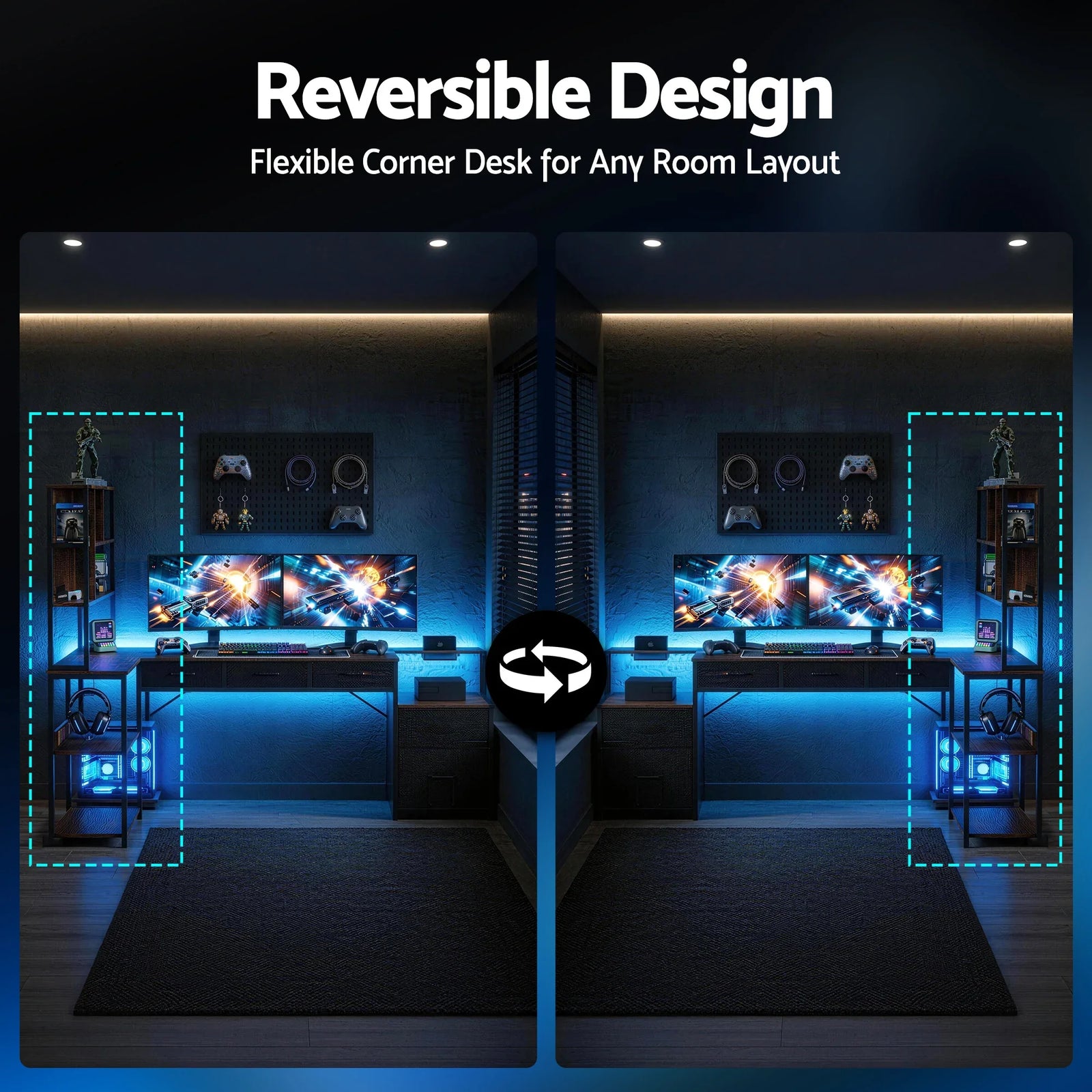 200cm Gaming Computer Desk with RGB LED, Power Station & Storage Drawers Brown