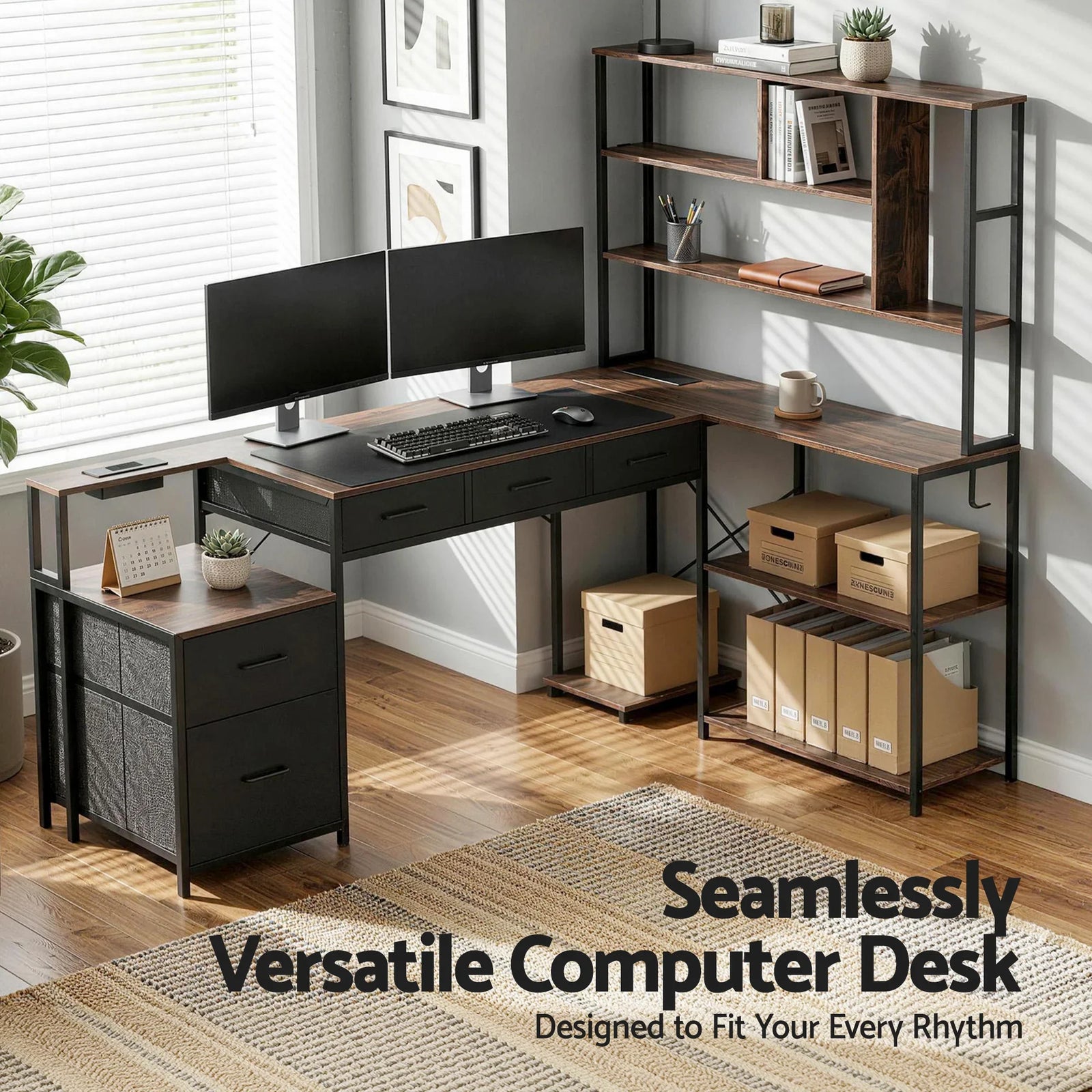 200cm Gaming Computer Desk with RGB LED, Power Station & Storage Drawers Brown