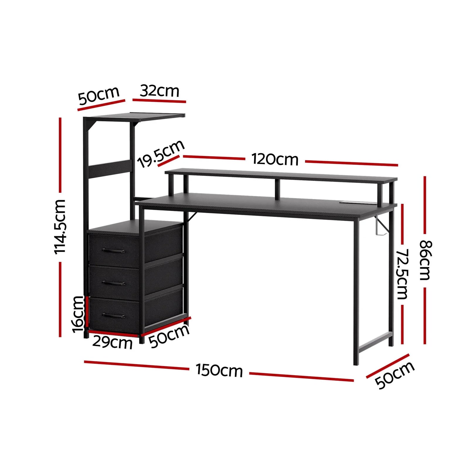 145cm Gaming Computer Desk with RGB LED, Power Station & Storage Drawers Black