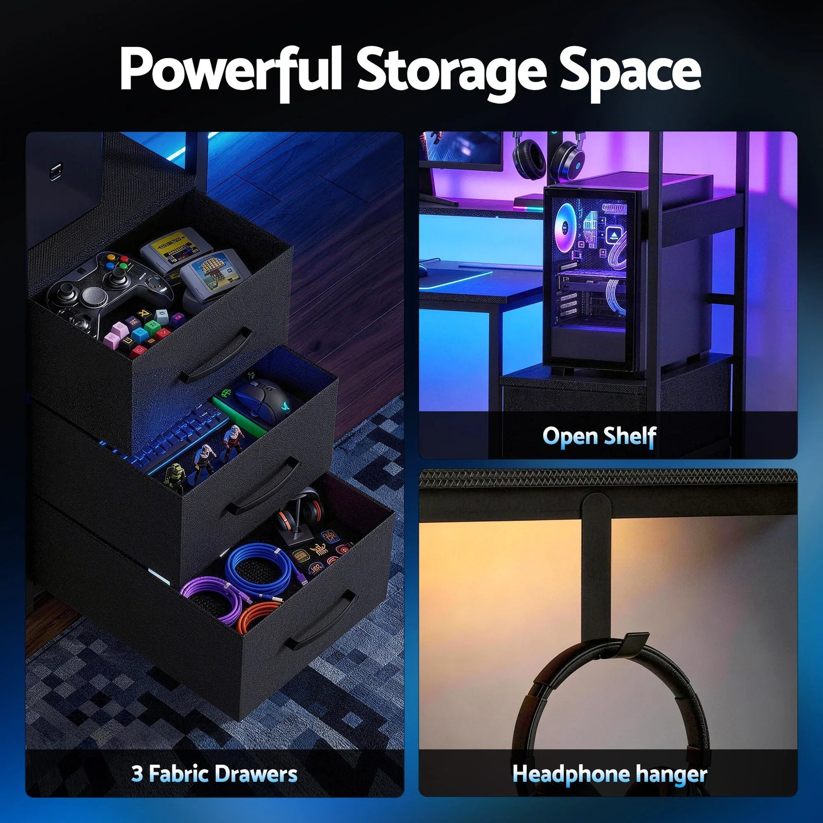 145cm Gaming Computer Desk with RGB LED, Power Station & Storage Drawers Black