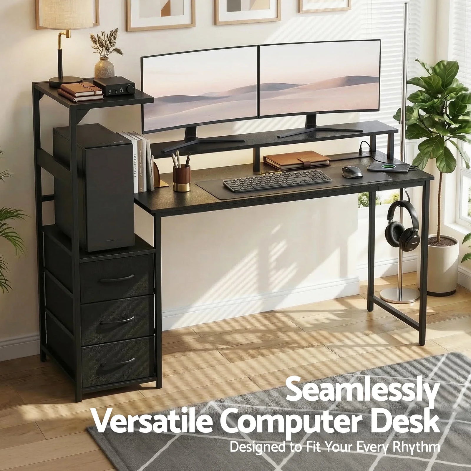 145cm Gaming Computer Desk with RGB LED, Power Station & Storage Drawers Black