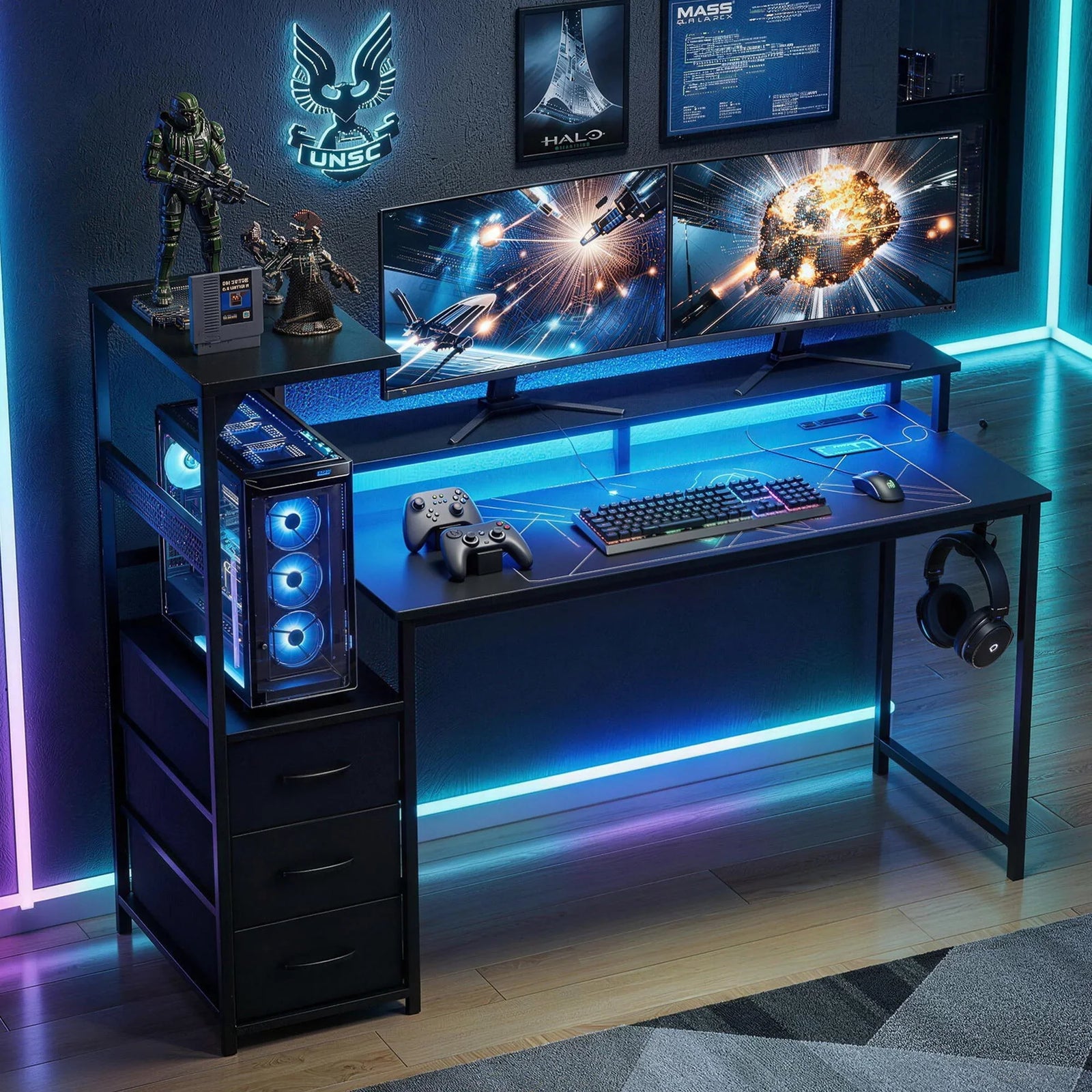 145cm Gaming Computer Desk with RGB LED, Power Station & Storage Drawers Black