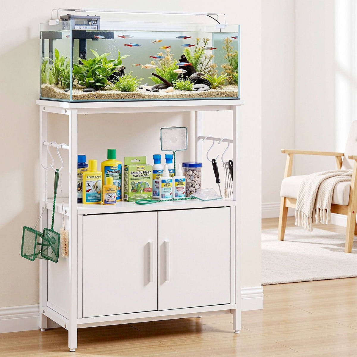 Artiss 20 Gallon Fish Tank Stand 3-Tier Aquarium Stand with Storage Cabinet and Open Shelf White
