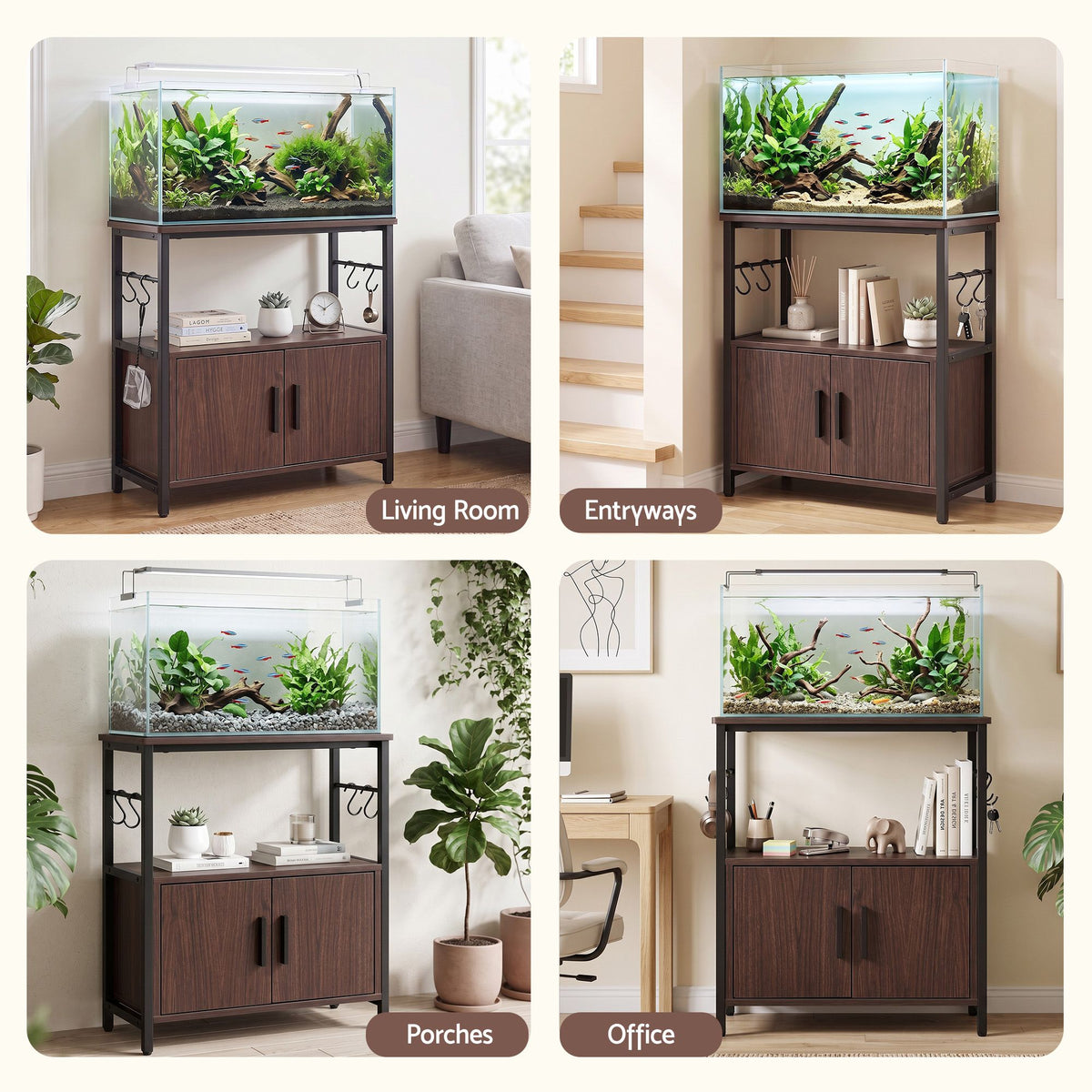 Artiss 20 Gallon Fish Tank Stand 3-Tier Aquarium Stand with Storage Cabinet and Open Shelf Walnut