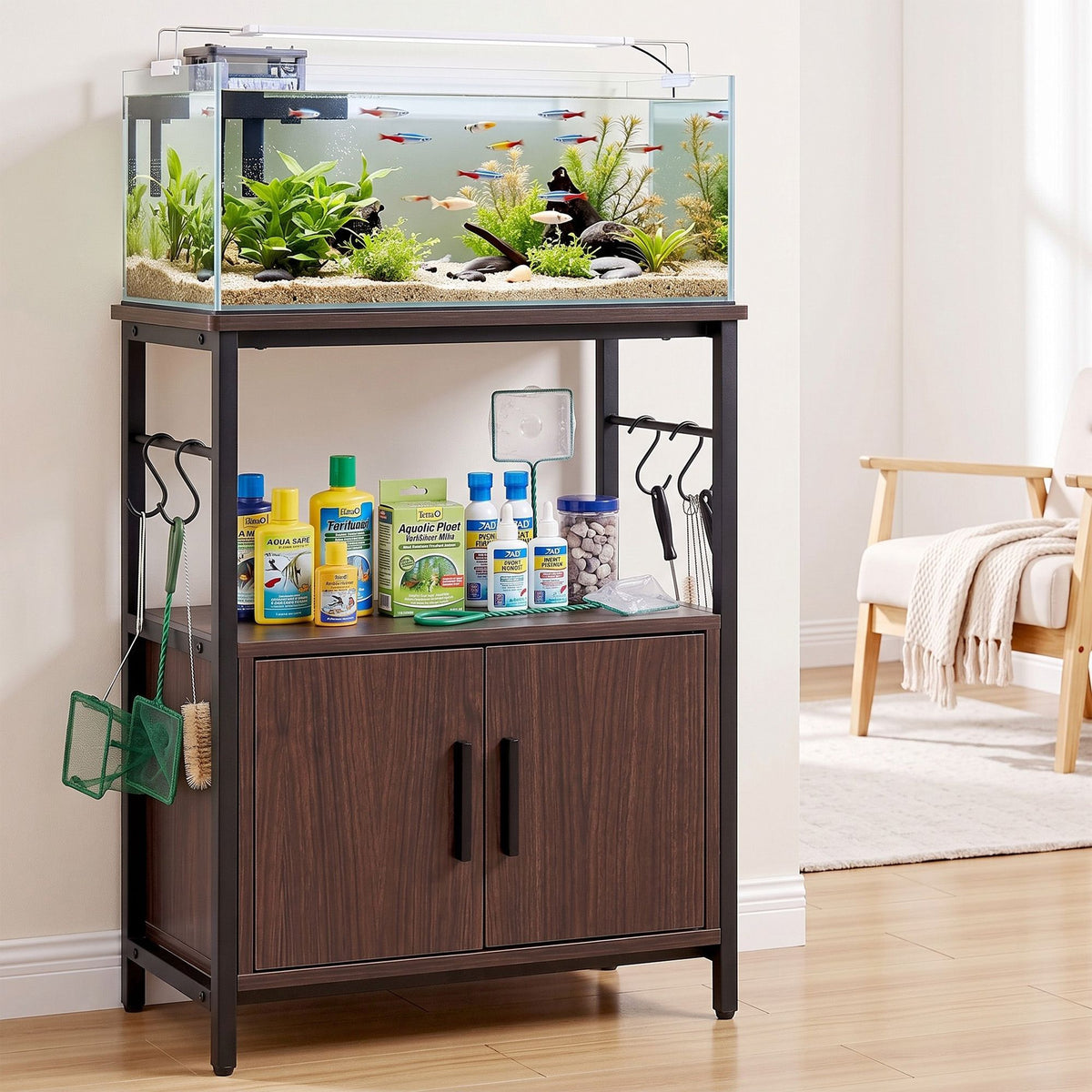 Artiss 20 Gallon Fish Tank Stand 3-Tier Aquarium Stand with Storage Cabinet and Open Shelf Walnut