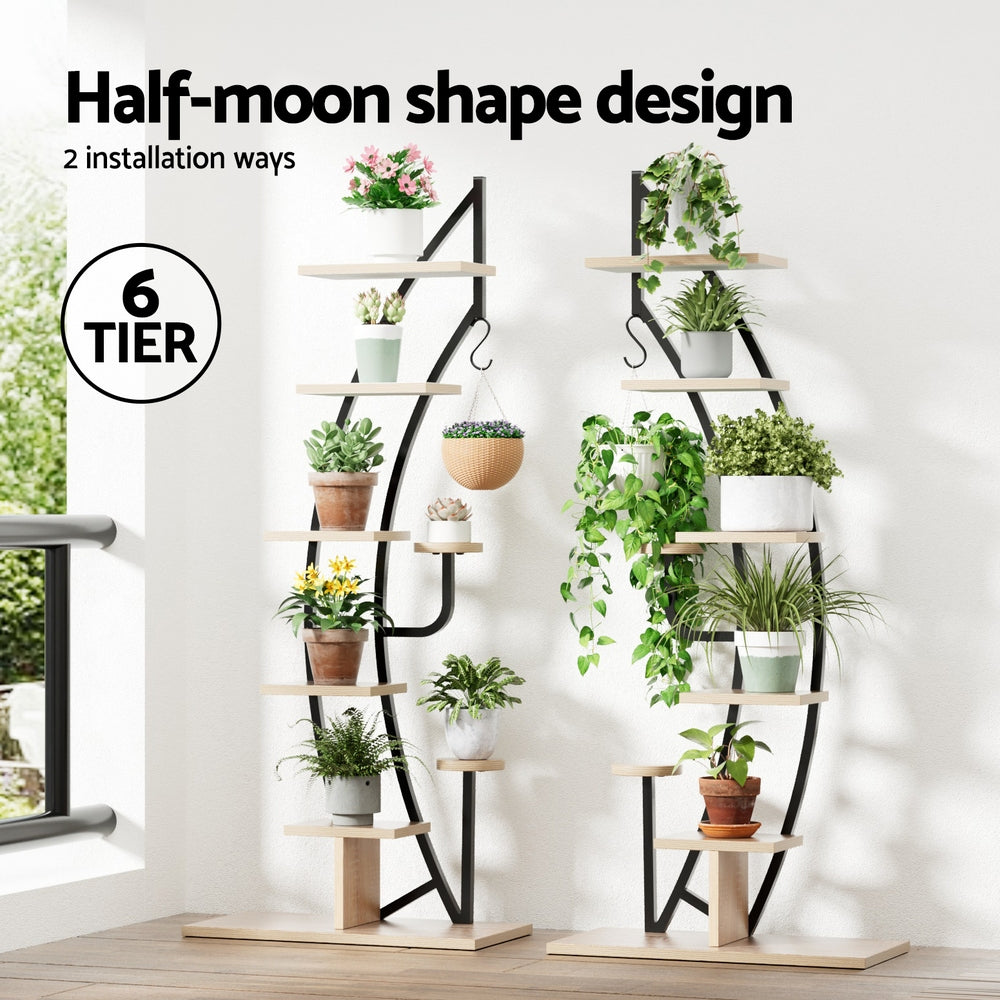 6 Tier Plant Stand Corner Shelf Half Moon Black Metal Rack