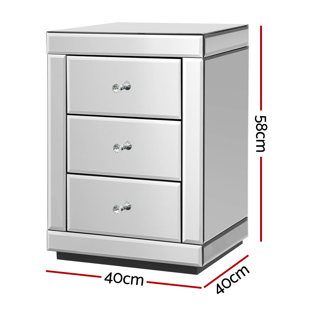 Artiss Bedside Table 3 Drawers Mirrored - PRESIA Silver