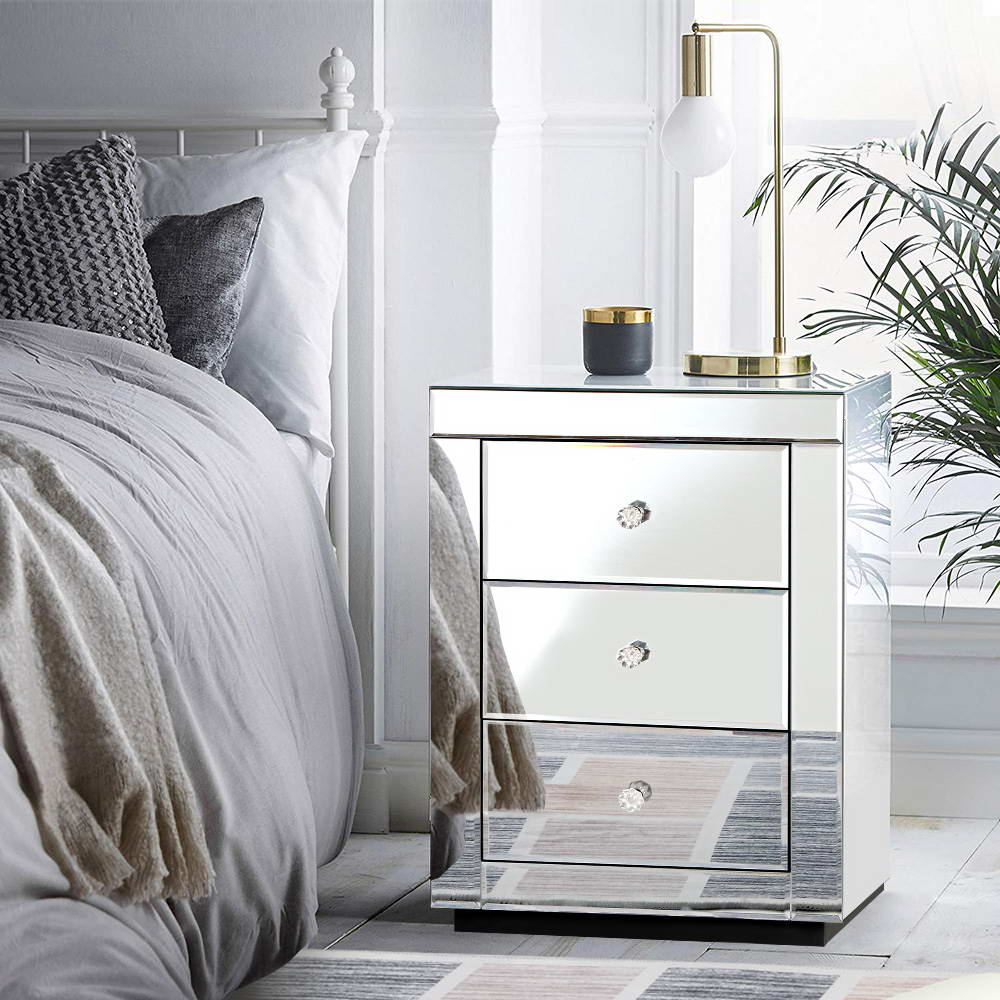 Artiss Bedside Table 3 Drawers Mirrored - PRESIA Silver