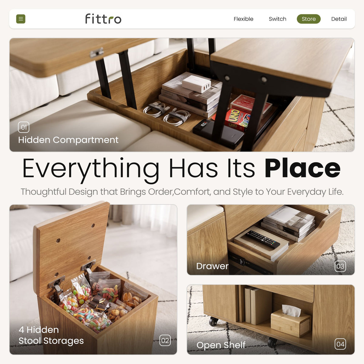 Fittro 3-in-1 Lift Top Coffee Table with 4 Chairs, Dining Table Work Desk Built-in Storage, Hydraulic Swivel, Lockable Castors, Space-Saving for Living Rooms & Flats, Apartments
