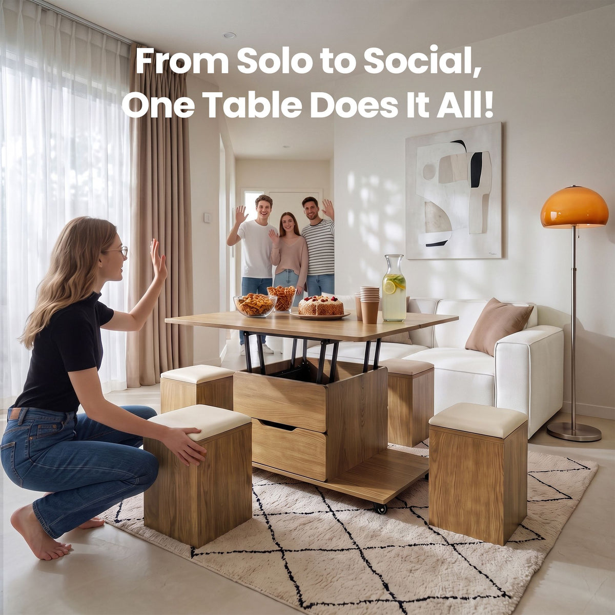 Fittro 3-in-1 Lift Top Coffee Table with 4 Chairs, Dining Table Work Desk Built-in Storage, Hydraulic Swivel, Lockable Castors, Space-Saving for Living Rooms & Flats, Apartments