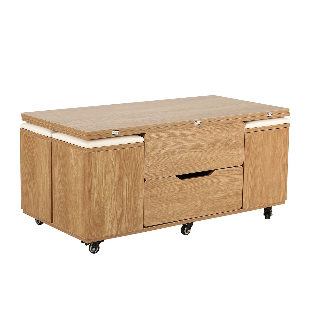 Fittro 3-in-1 Lift Top Coffee Table with 4 Chairs, Dining Table Work Desk Built-in Storage, Hydraulic Swivel, Lockable Castors, Space-Saving for Living Rooms & Flats, Apartments
