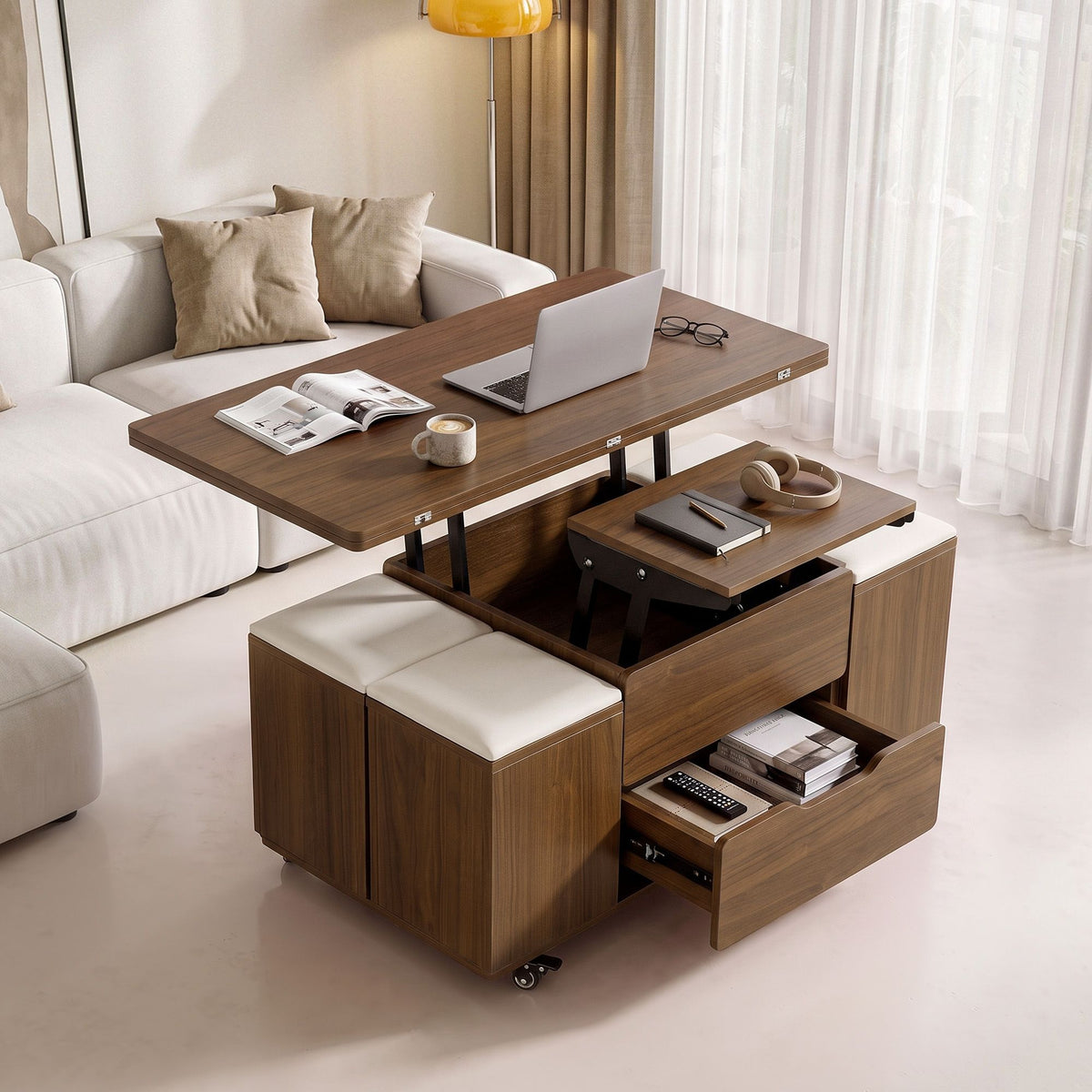 Fittro 3-in-1 Lift Top Coffee Table with 4 Storage Chairs Dining Desk Walnut