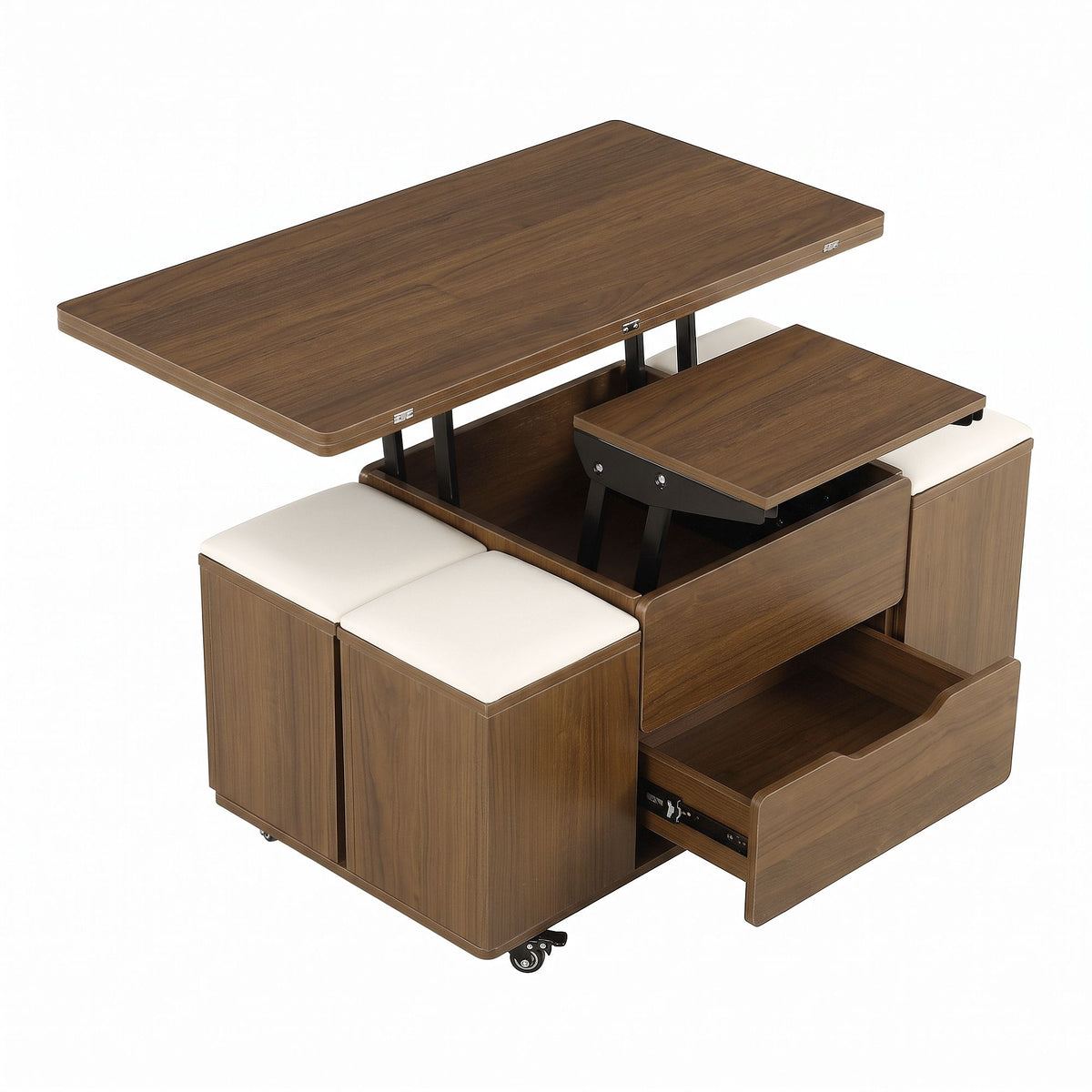 Fittro 3-in-1 Lift Top Coffee Table with 4 Storage Chairs Dining Desk Walnut