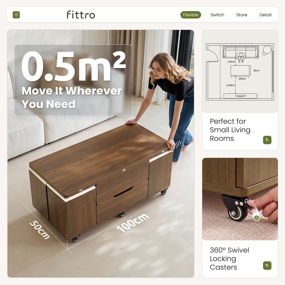 Fittro 3-in-1 Lift Top Coffee Table with 4 Storage Chairs Dining Desk Walnut