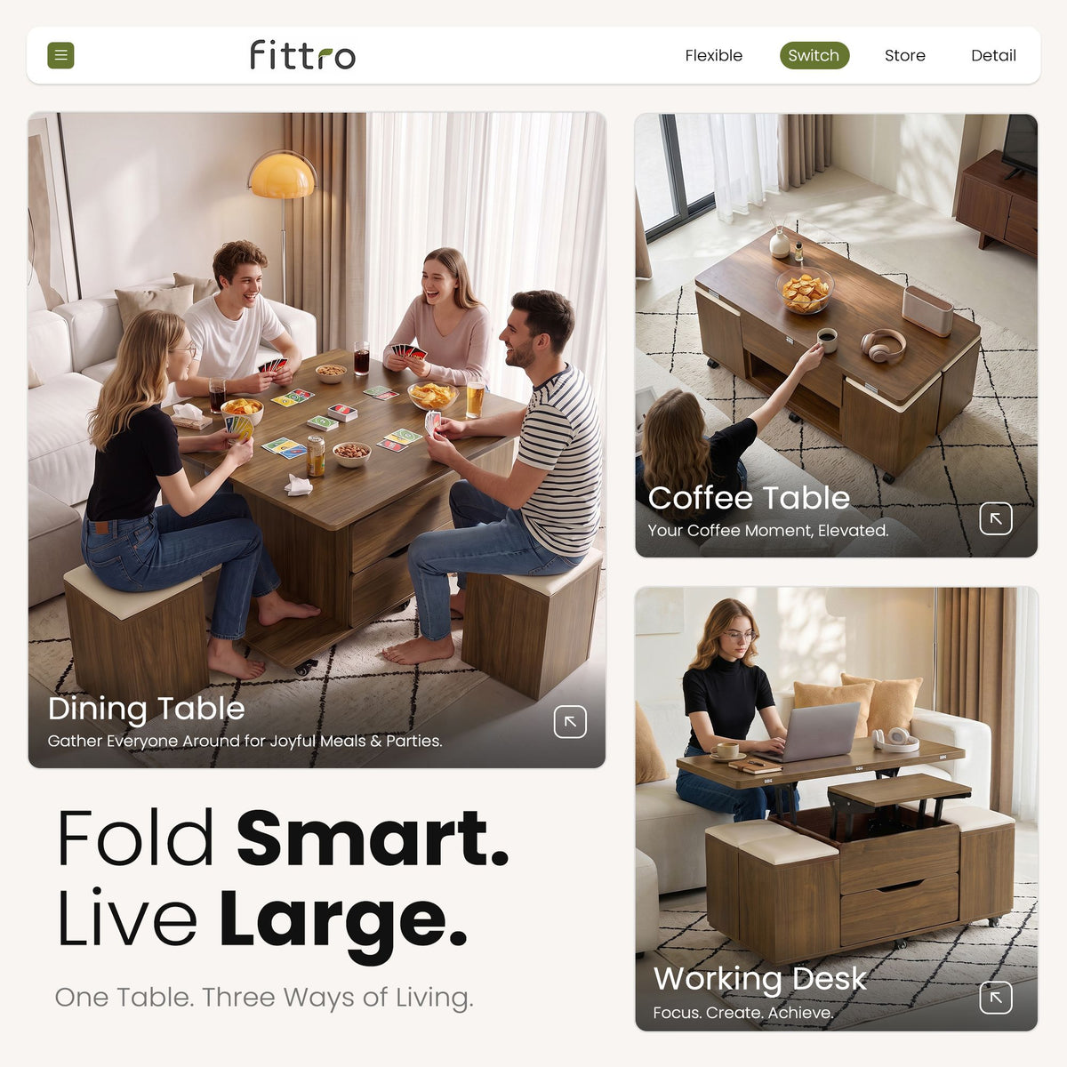 Fittro 3-in-1 Lift Top Coffee Table with 4 Storage Chairs Dining Desk Walnut