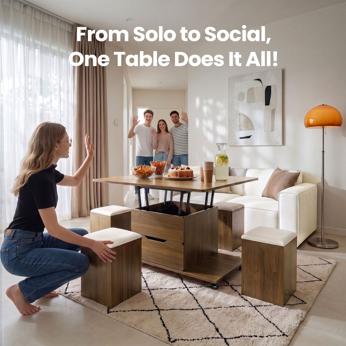 Fittro 3-in-1 Lift Top Coffee Table with 4 Storage Chairs Dining Desk Walnut