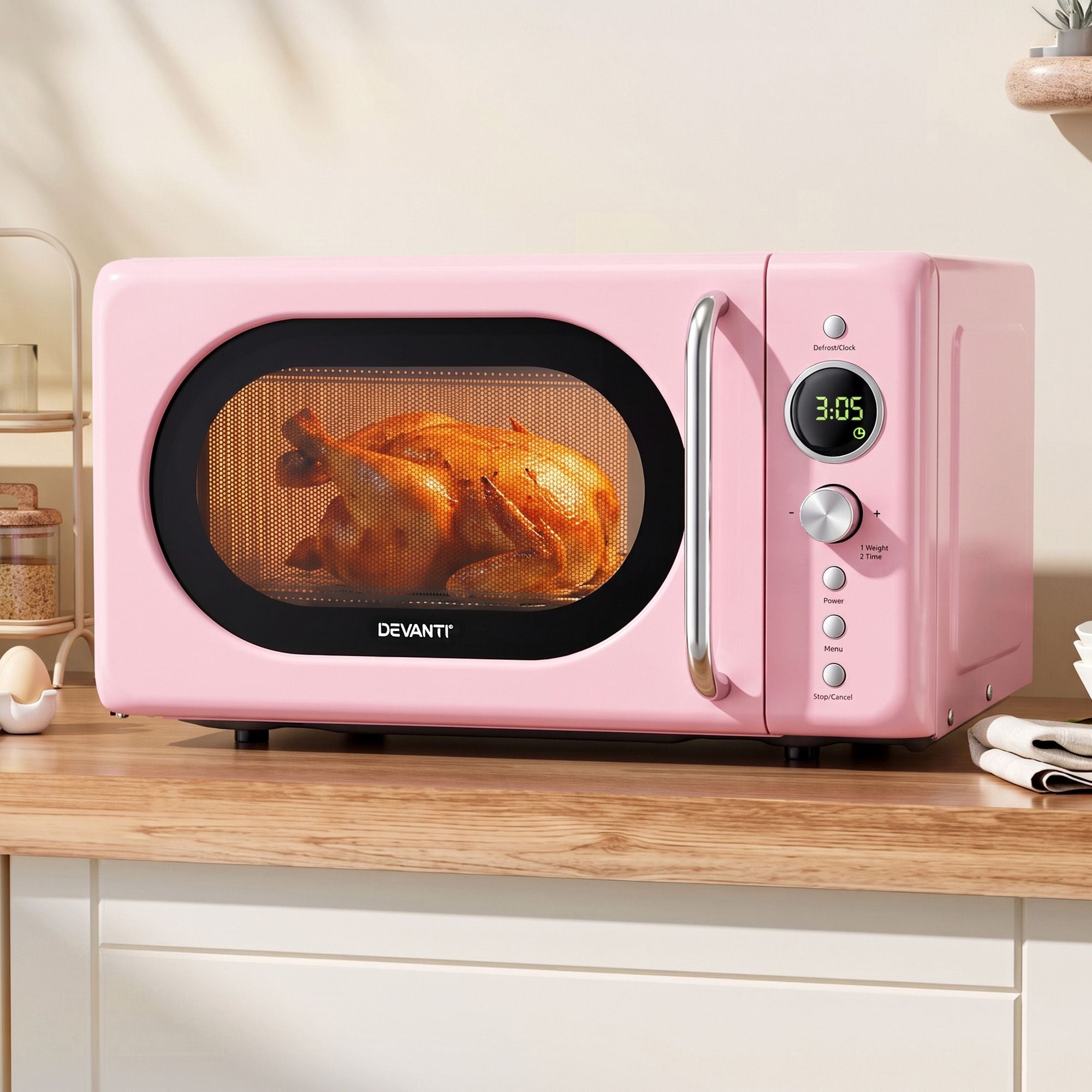 Devanti 20L Microwave Oven 700W Digital 8 Auto Menus Defrost Pink