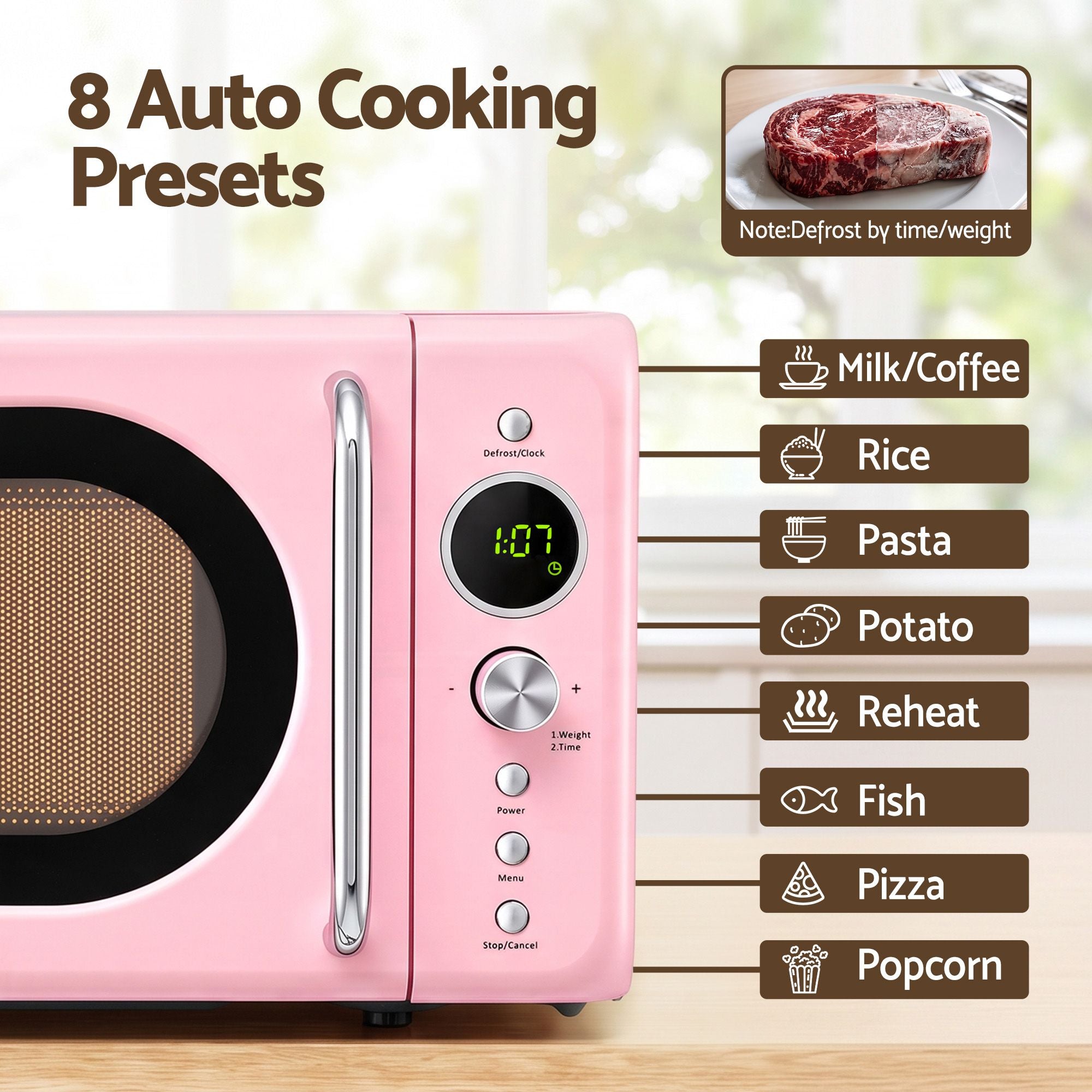 Devanti 20L Microwave Oven 700W Digital 8 Auto Menus Defrost Pink