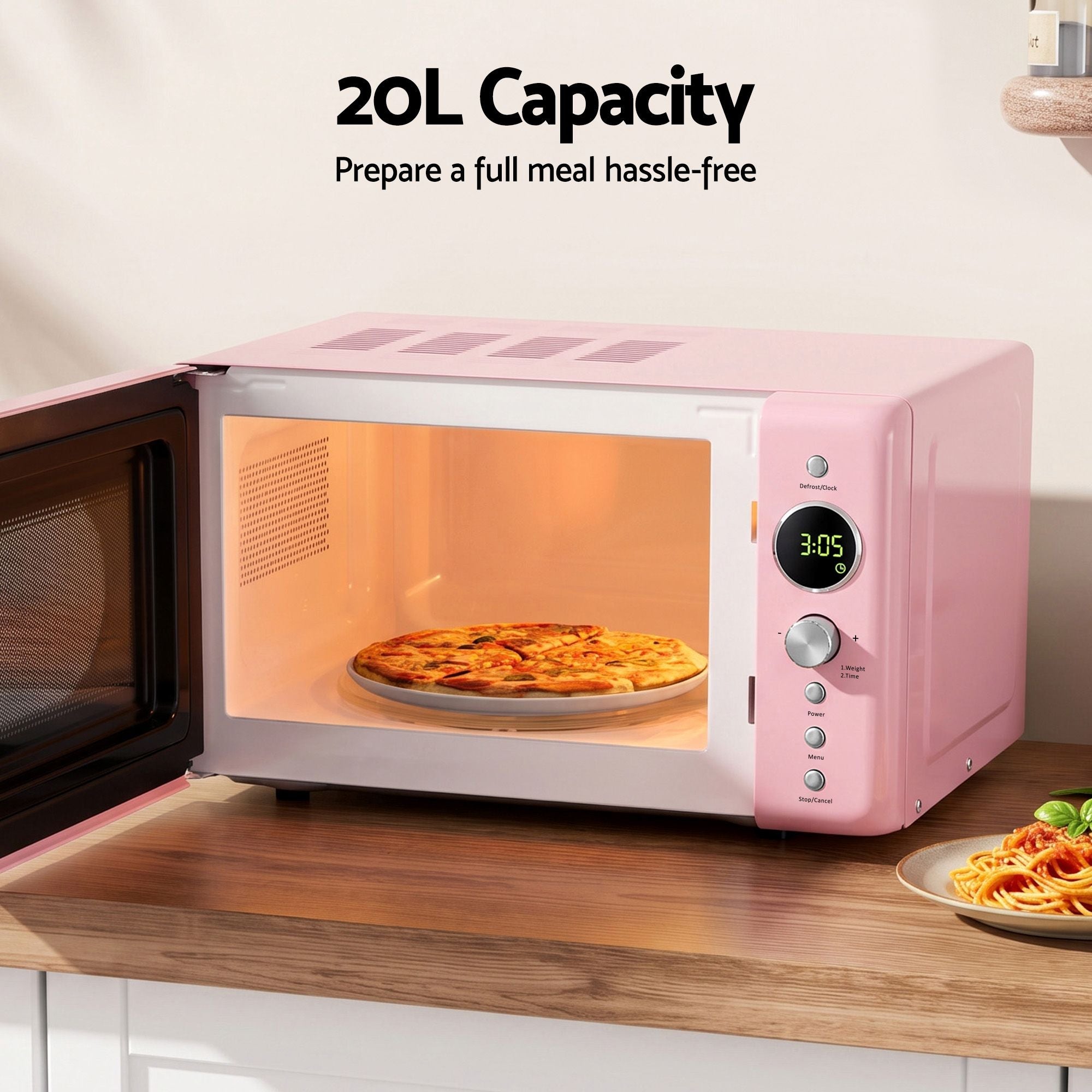 Devanti 20L Microwave Oven 700W Digital 8 Auto Menus Defrost Pink
