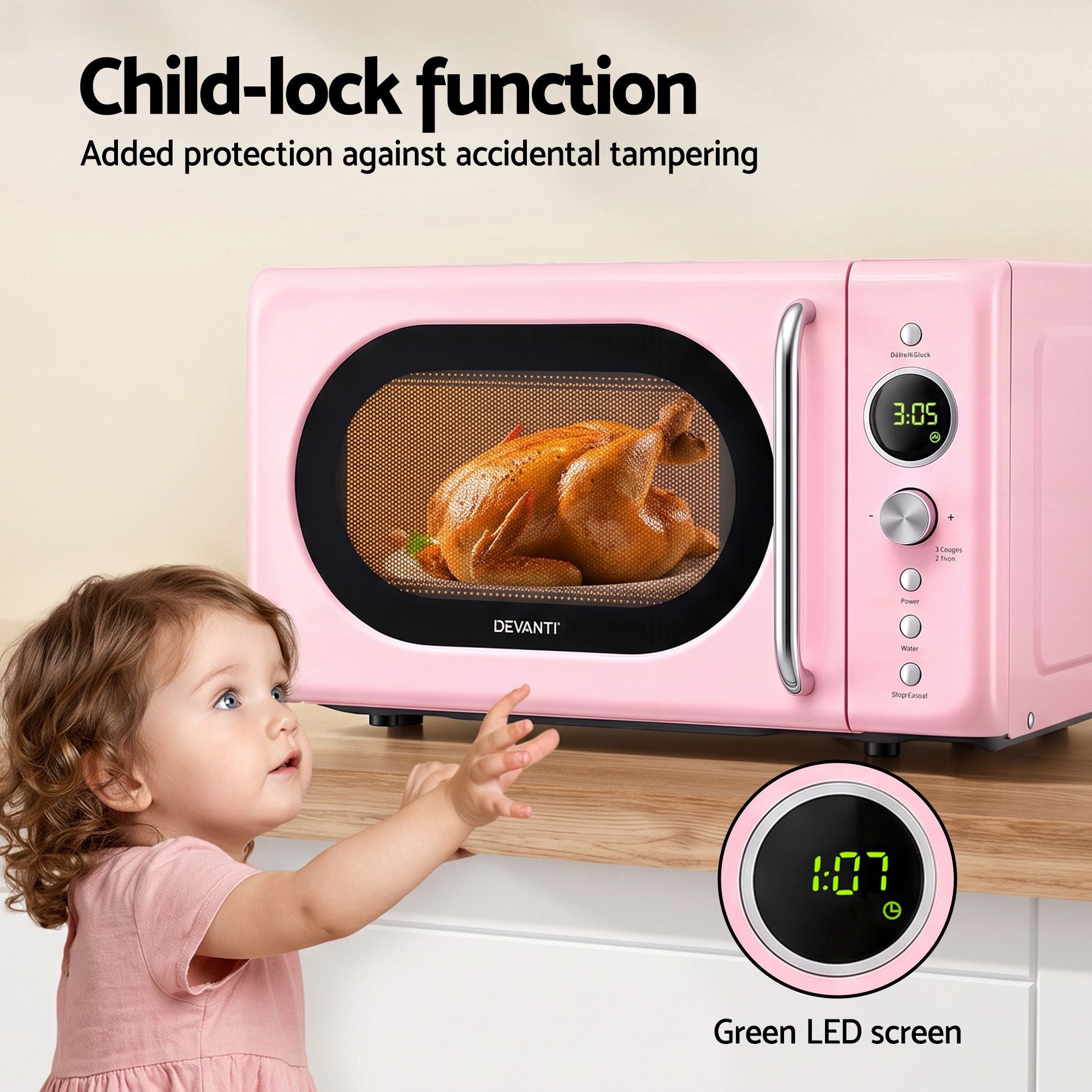 Devanti 20L Microwave Oven 700W Digital 8 Auto Menus Defrost Pink