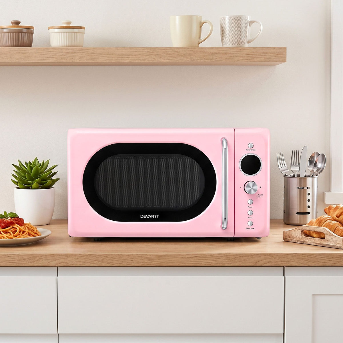Devanti 20L Microwave Oven 700W Digital 8 Auto Menus Defrost Pink