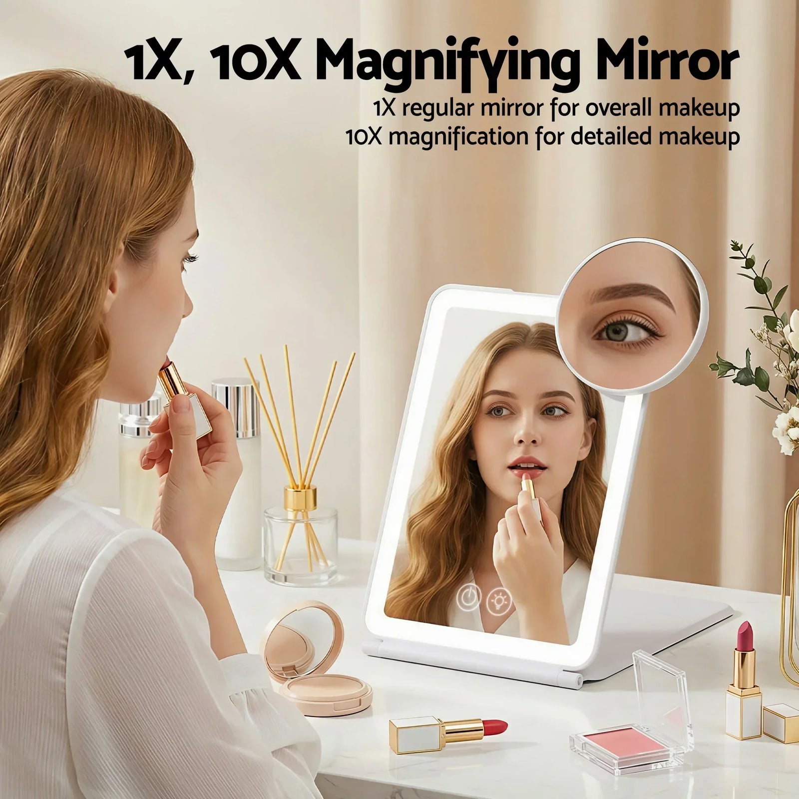 Portable Travel Makeup Mirror Rechargeable Makeup Mirror with Lights 10x Magnifier White