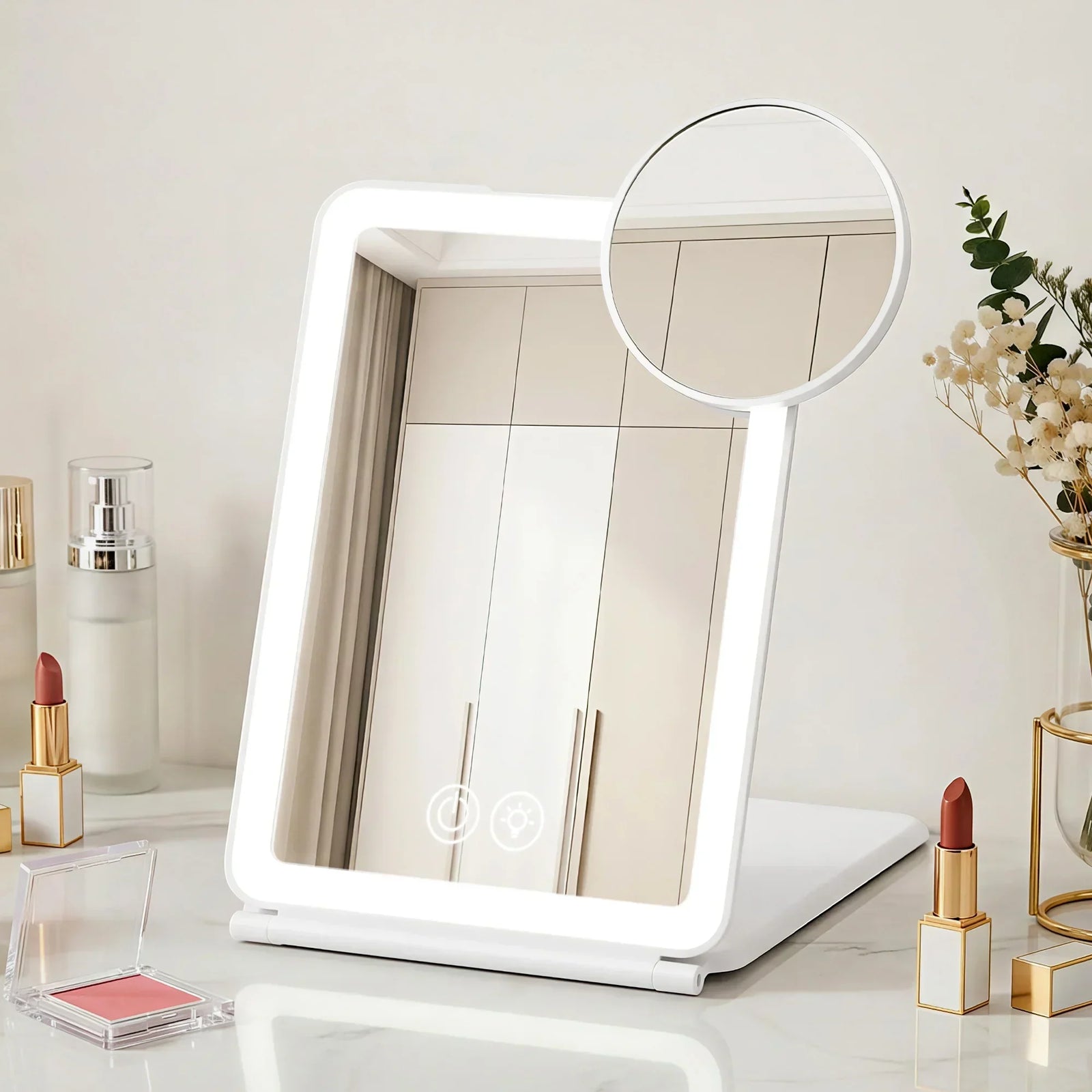 Portable Travel Makeup Mirror Rechargeable Makeup Mirror with Lights 10x Magnifier White