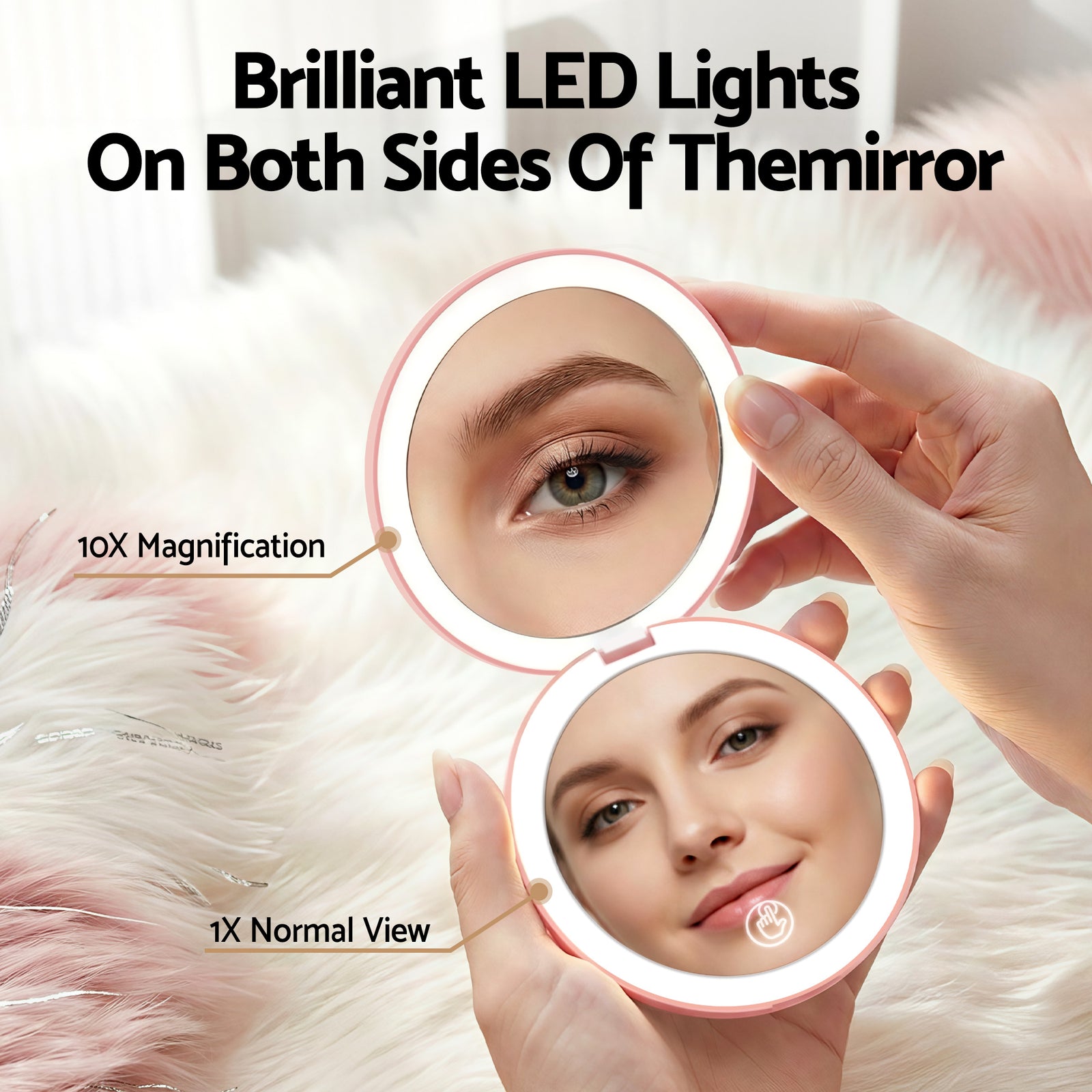 LED Compact Mirror Lighted Travel Makeup Mirror Pocket-Sized 1x 10x Magnification Round Pink