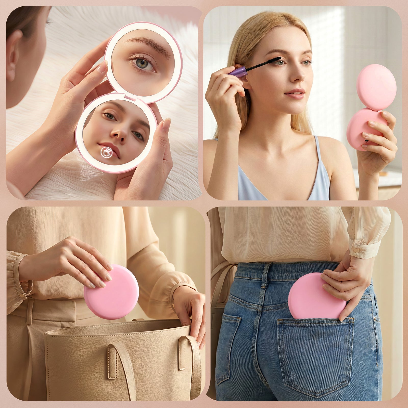 LED Compact Mirror Lighted Travel Makeup Mirror Pocket-Sized 1x 10x Magnification Round Pink