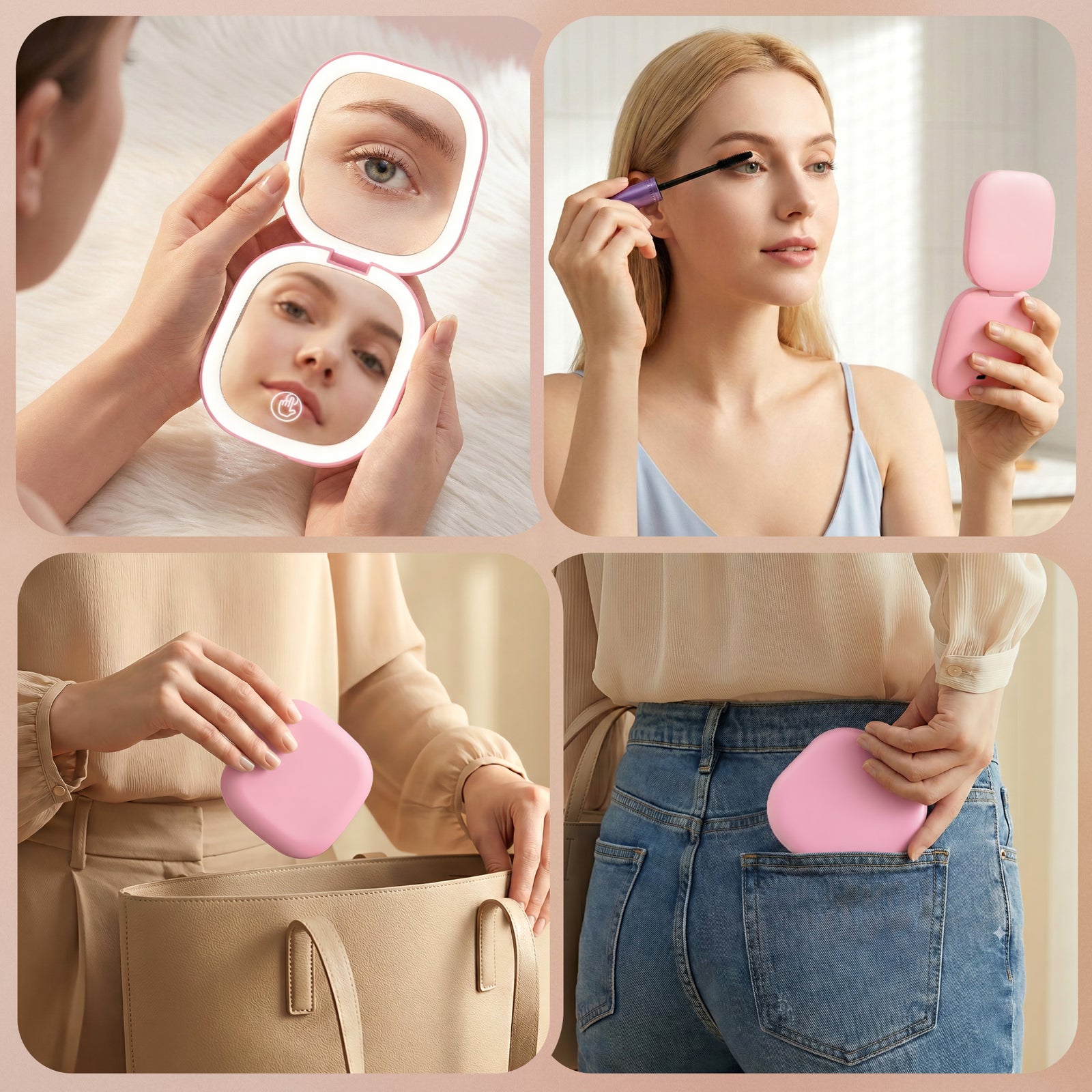 LED Compact Mirror Lighted Travel Makeup Mirror Pocket-Sized 1x 10x Magnification Square Pink
