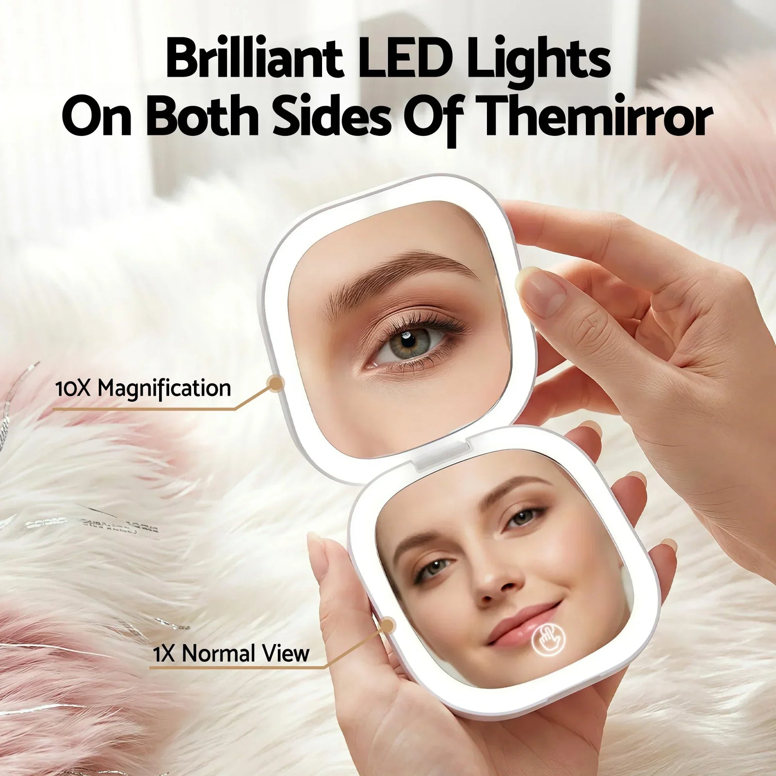 LED Compact Mirror Lighted Travel Makeup Mirror Pocket-Sized 1x 10x Magnification Square White