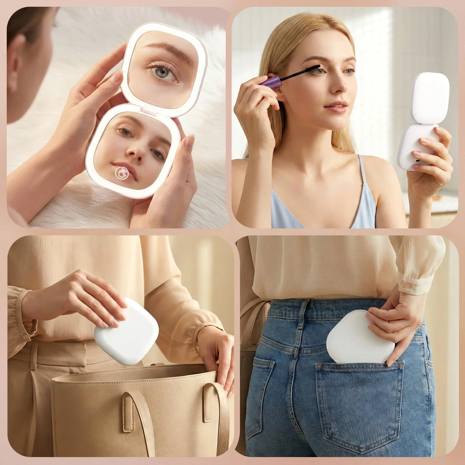 LED Compact Mirror Lighted Travel Makeup Mirror Pocket-Sized 1x 10x Magnification Square White