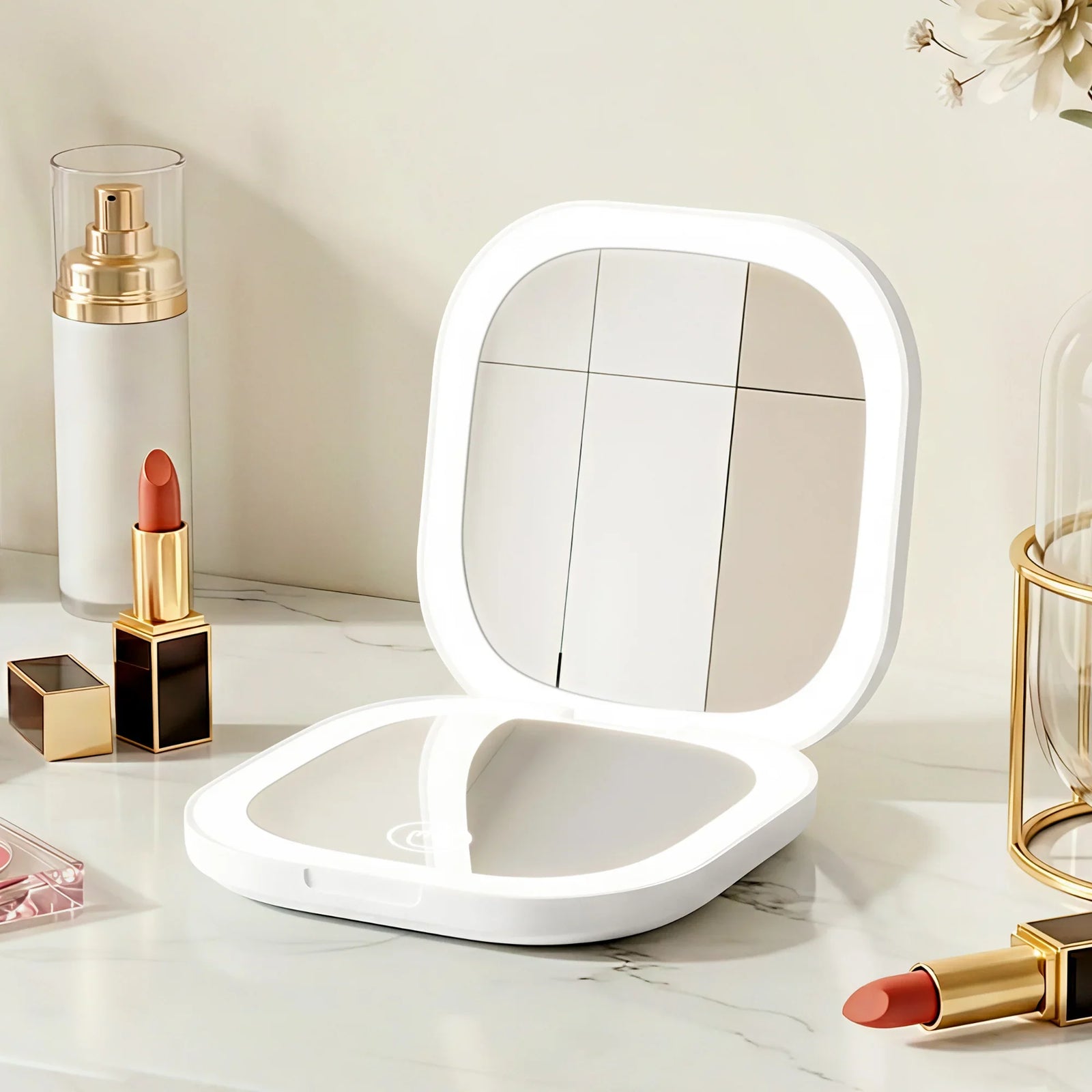 LED Compact Mirror Lighted Travel Makeup Mirror Pocket-Sized 1x 10x Magnification Square White