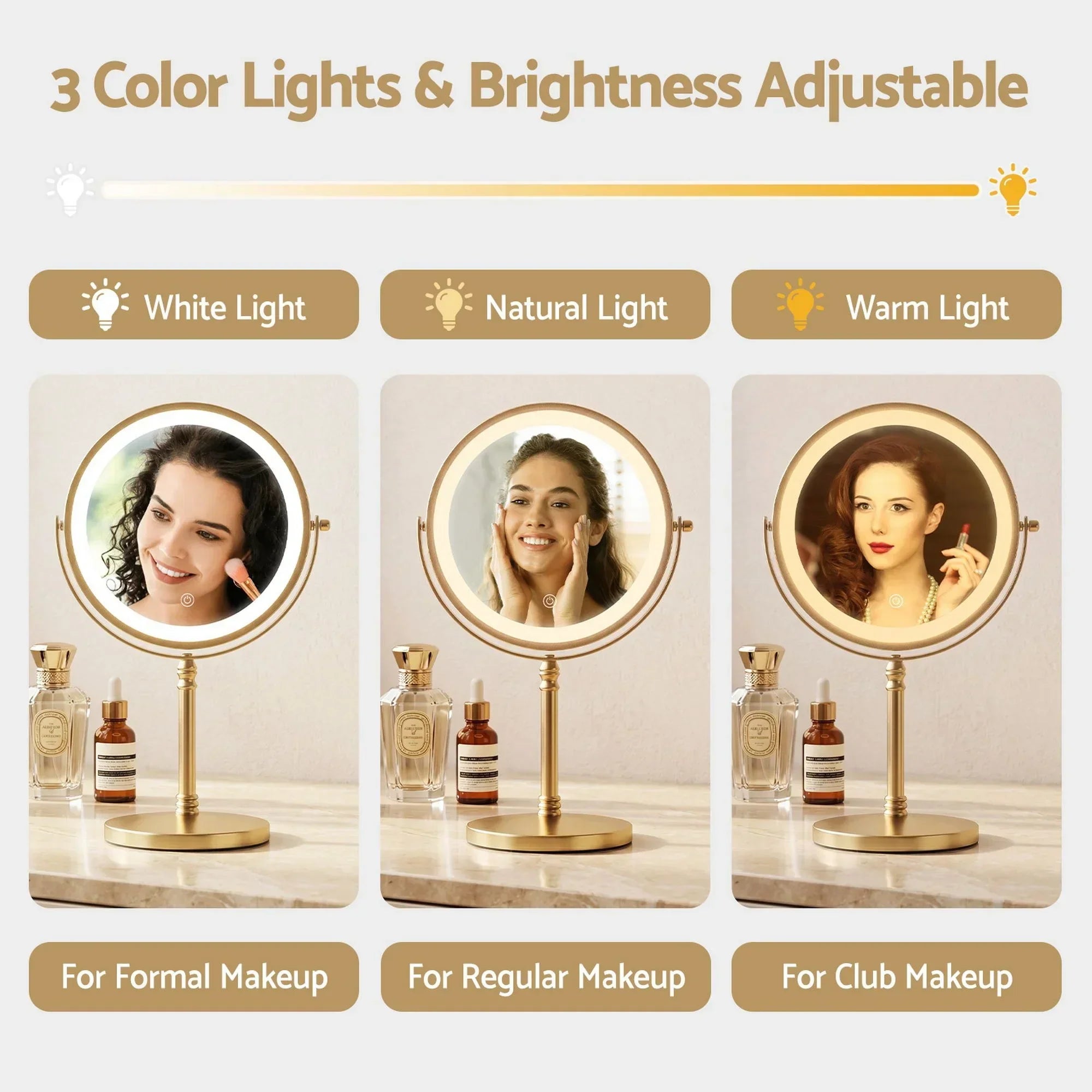 Lighted Makeup Mirror Rotation 10X Magnifying Double Sided Tabletop Gold