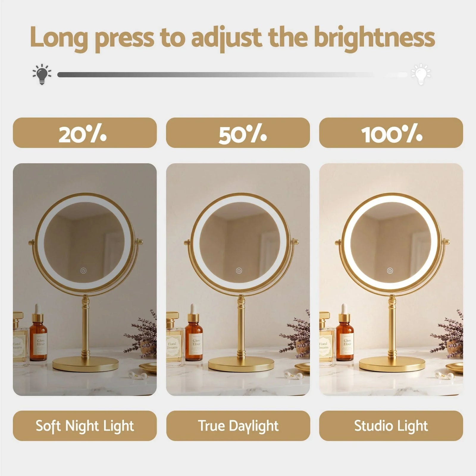 Lighted Makeup Mirror Rotation 10X Magnifying Double Sided Tabletop Gold