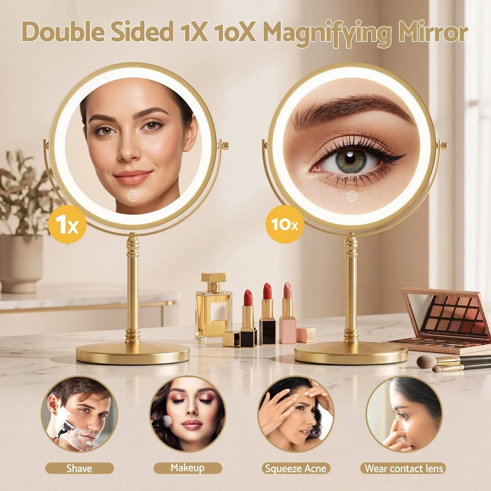 Lighted Makeup Mirror Rotation 10X Magnifying Double Sided Tabletop Gold