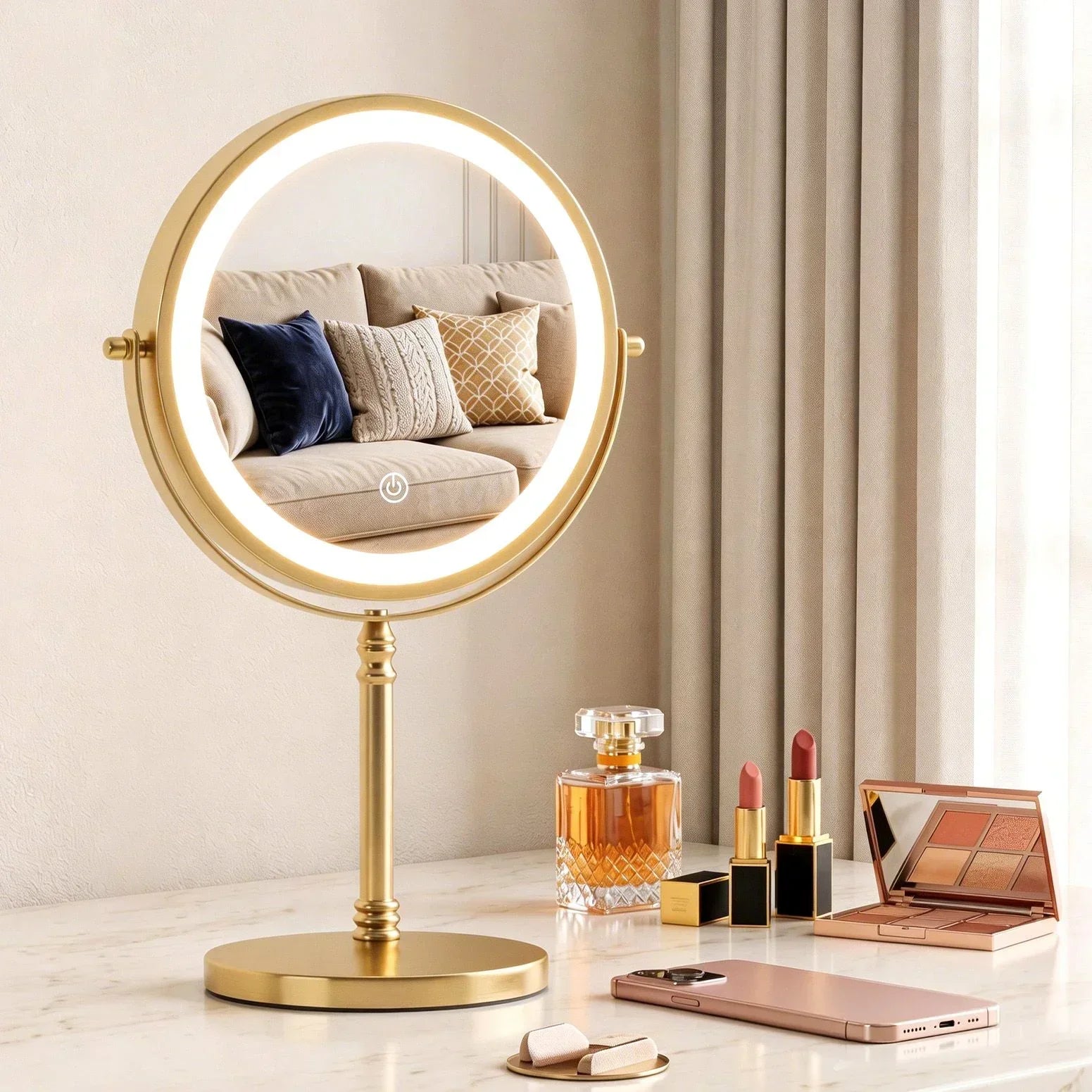 Lighted Makeup Mirror Rotation 10X Magnifying Double Sided Tabletop Gold