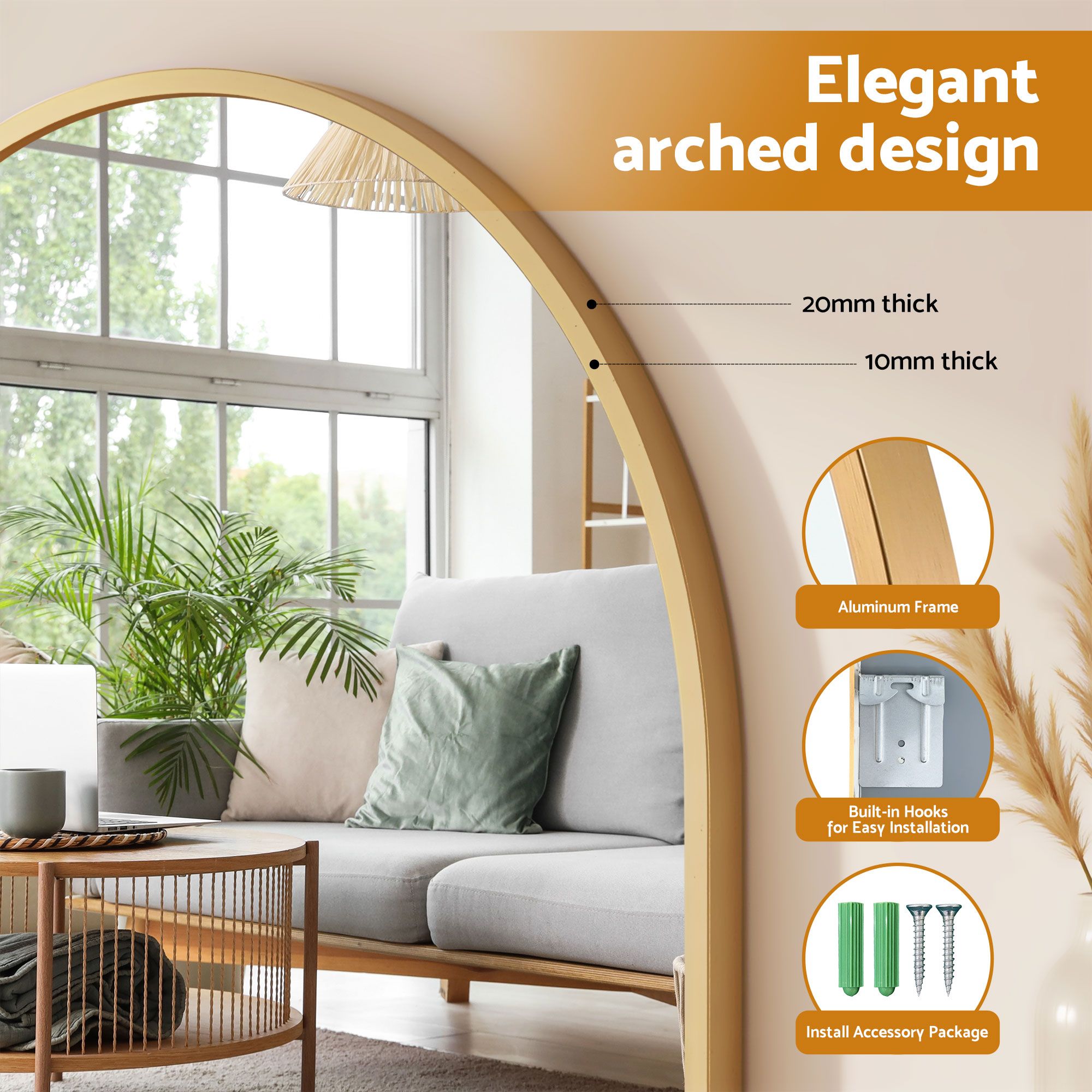 Embellir Arch Wall Mirror, Decorative Gold Frame Mirrors, 86x81cm Bathroom Vanity Mirror, Slim Frame for Living Room Entryway Bedroom Decor