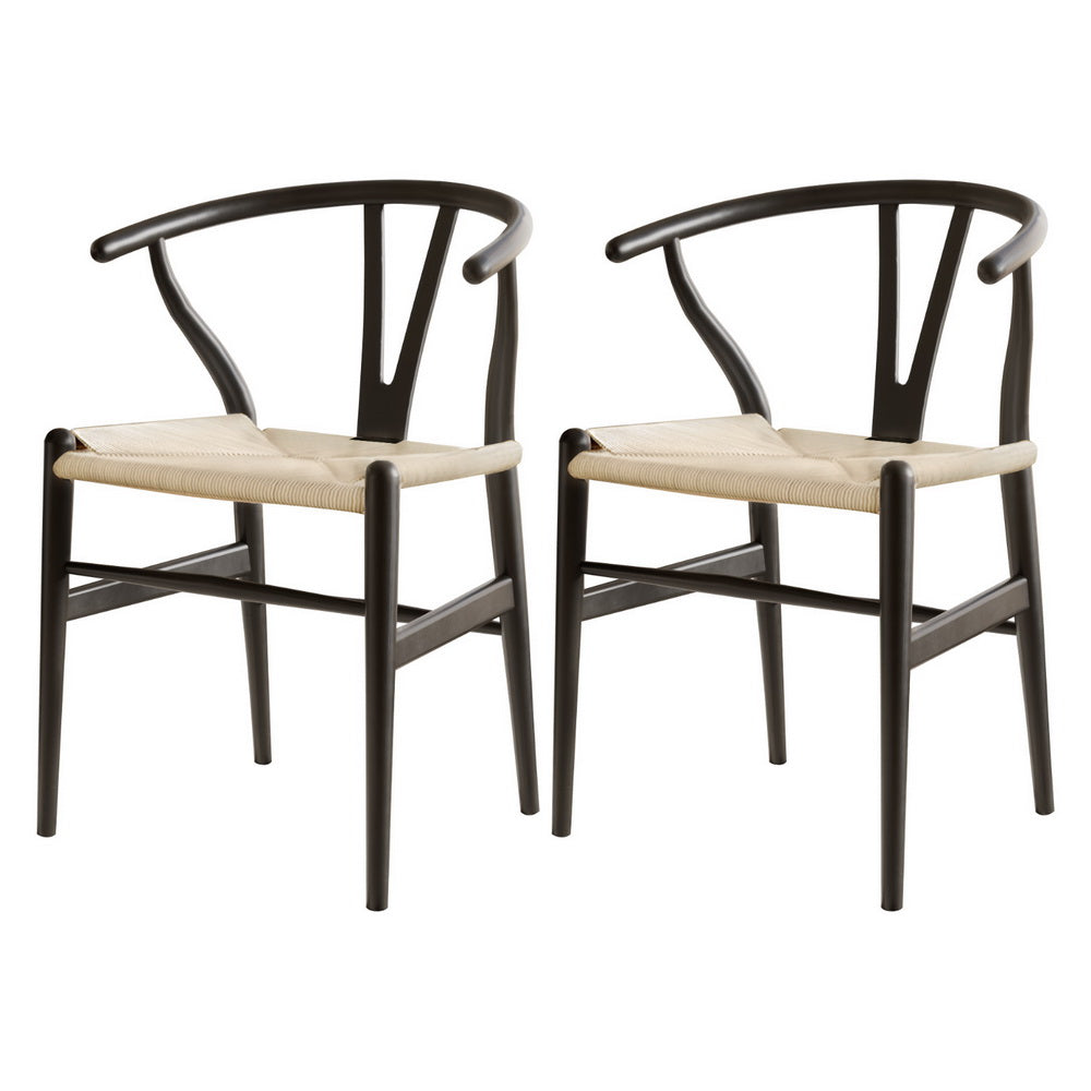 1 Set of 2 Artiss Dining Chairs Wooden Rattan Wishbone Black