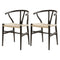 1 Set of 2 Artiss Dining Chairs Wooden Rattan Wishbone Black