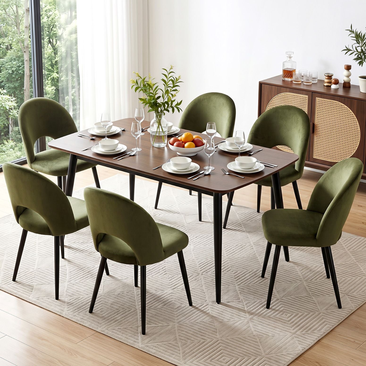 Artiss Dining Chairs Set of 6 – Velvet Green, Hollow‑Back, Metal Legs, 150kg
