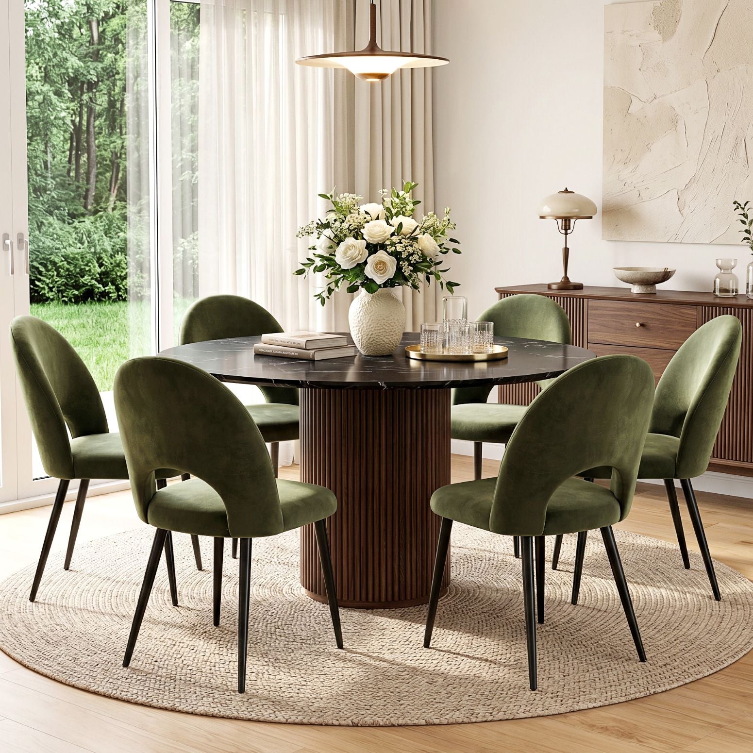 Artiss Dining Chairs Set of 6 – Velvet Green, Hollow‑Back, Metal Legs, 150kg